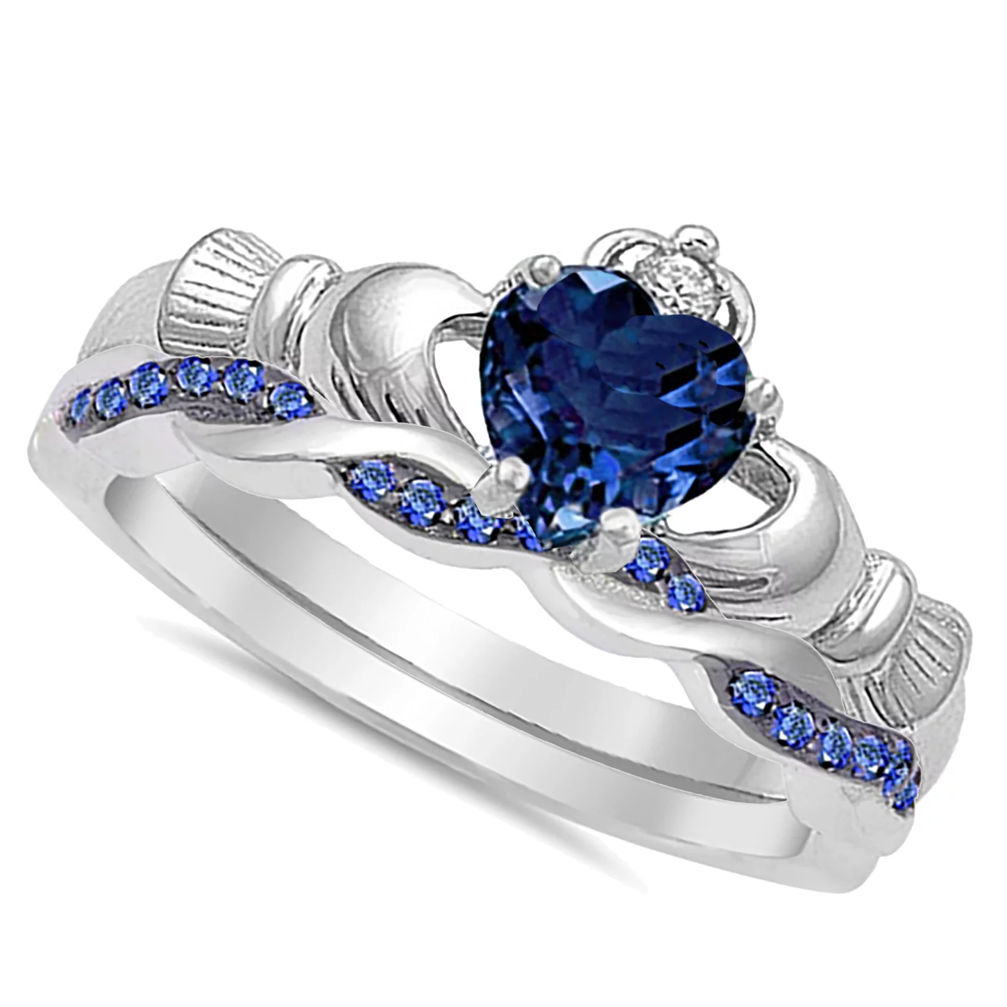 His and Hers 3 Piece Trio Sterling Silver Thin Blue Line Wedding Band Engagement Ring Set 12/7