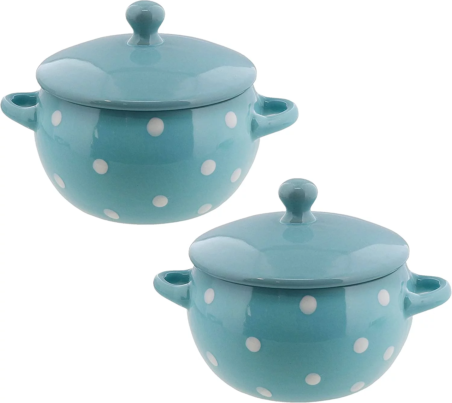 Servette Home Ceramic Soup Bowls with Handles and Lids Ceramic Polka Dot Set of 2 Blue
