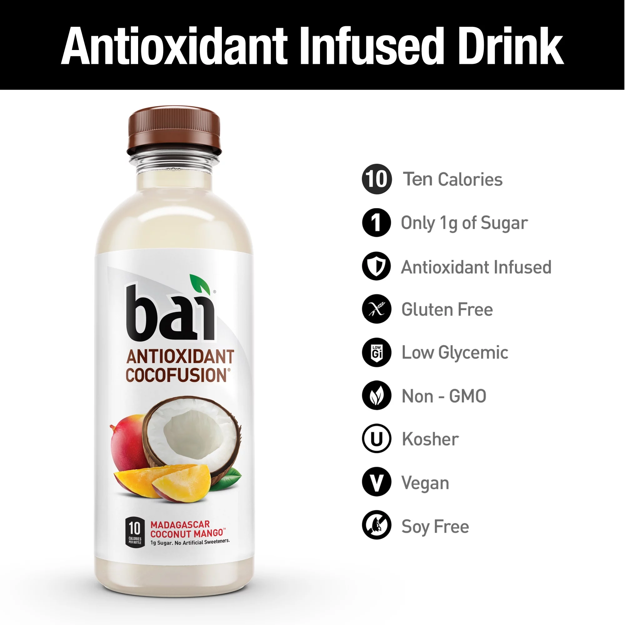 Bai Gluten-Free, Madagascar Coconut Mango, Antioxidant Infused Drinks, 18 Fl Oz, 12 Pack Bottles