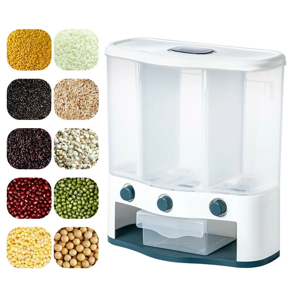 OUKANING 6L Cereal Storage Dispenser 3-Grid Automatic Rice Dispenser Storage Container Kitchen