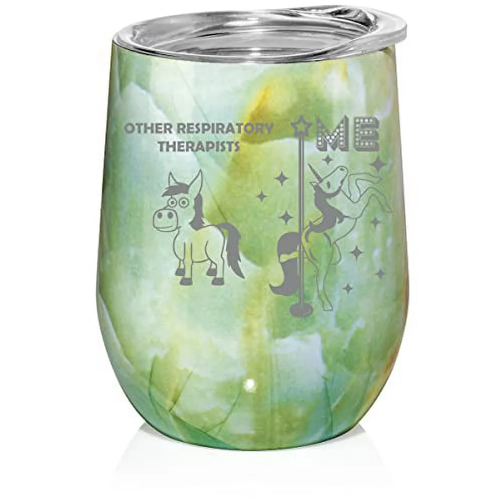 12 oz Double Wall Vacuum Insulated Stainless Steel Stemless Wine Tumbler Glass Coffee Travel Mug With Respiratory Therapist Superstar Unicorn Funny (Turquoise Green Marble)