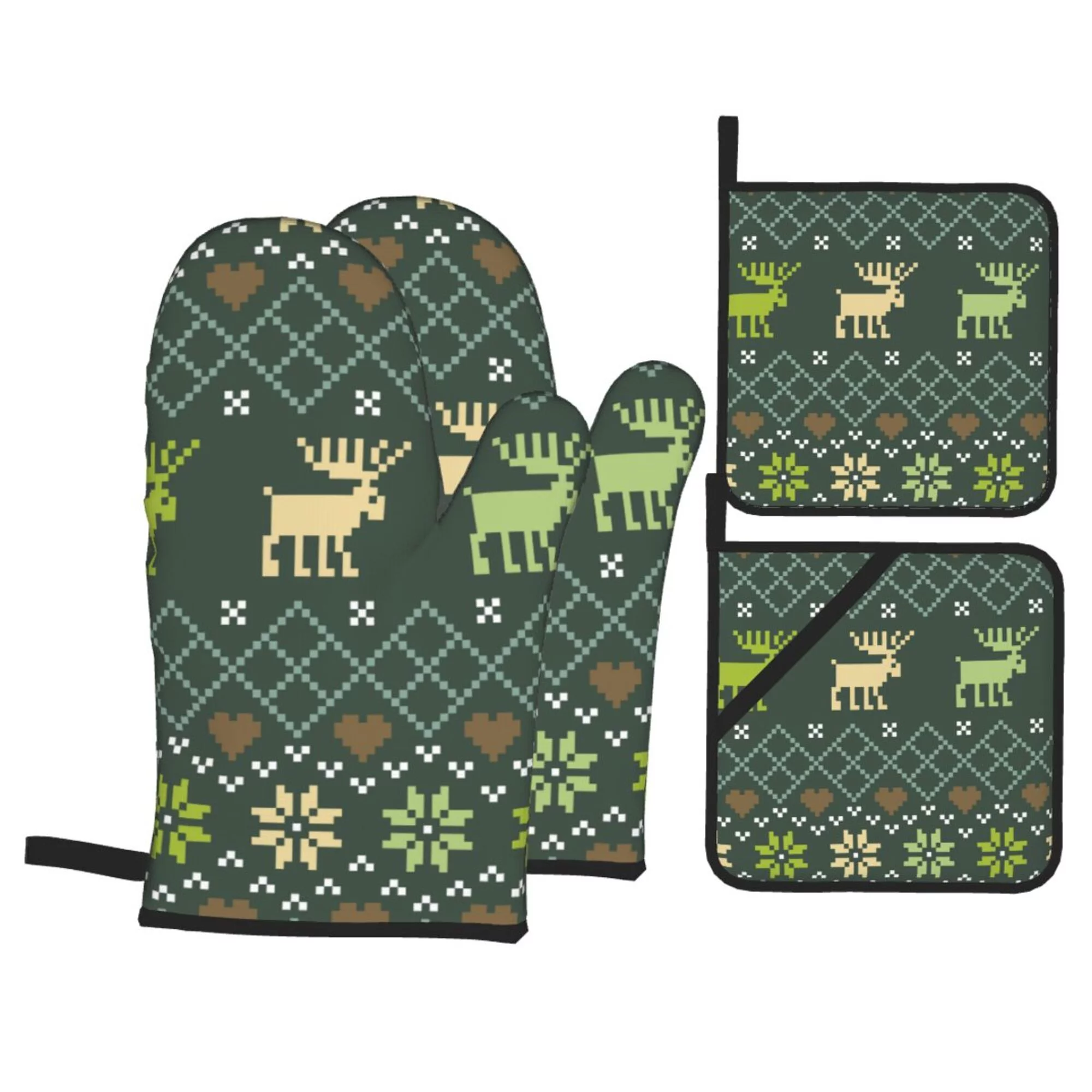 Santa'S Deer Oven Mitts And Pot Holders Sets Baking Sets For Kitchen Bbq Gloves Heat Resistant Cooking Christmas, Deer 4 Pcs