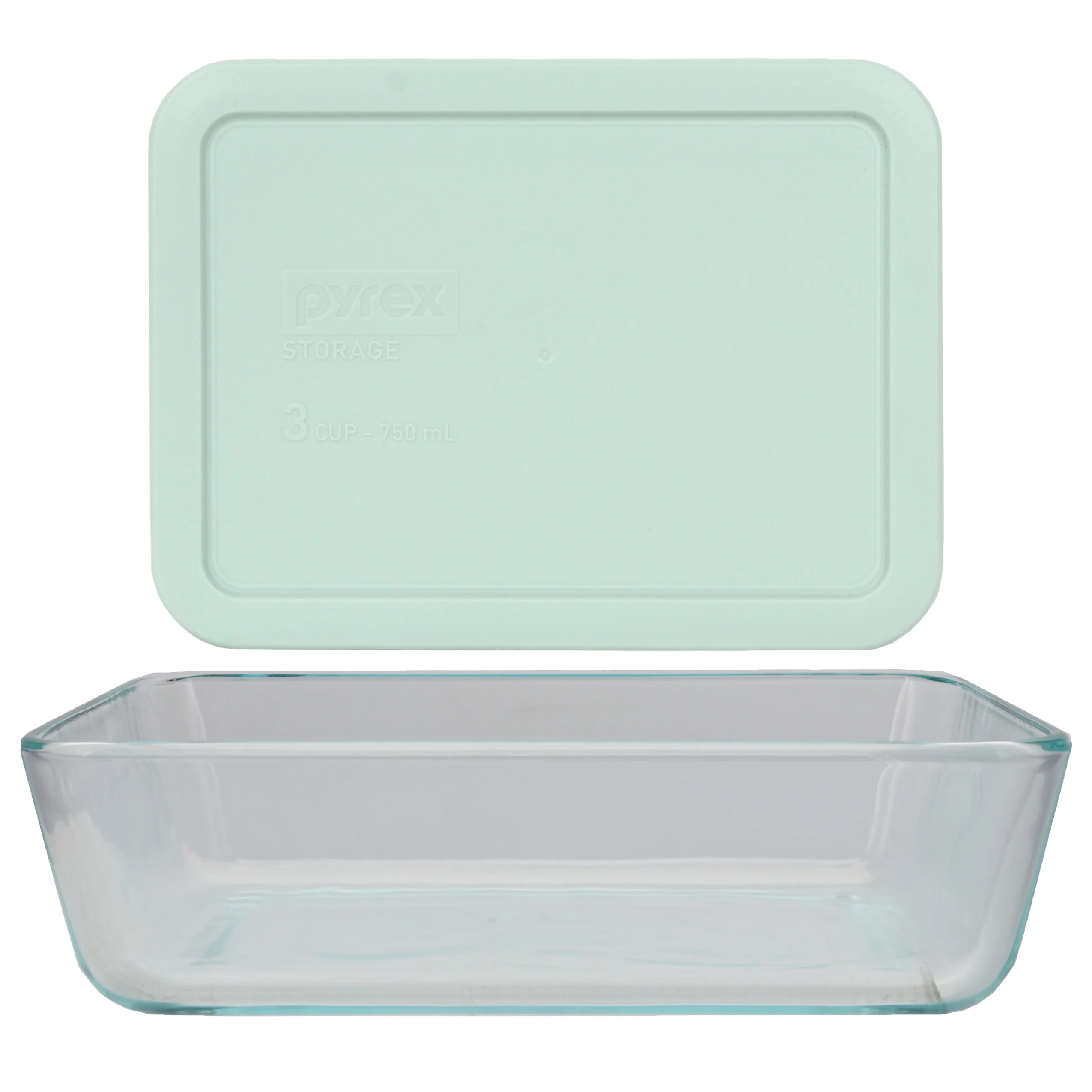 Pyrex (1) 7210 3-Cup Clear Glass Storage Dish and (1) 7210-PC Muddy Aqua Plastic Lid
