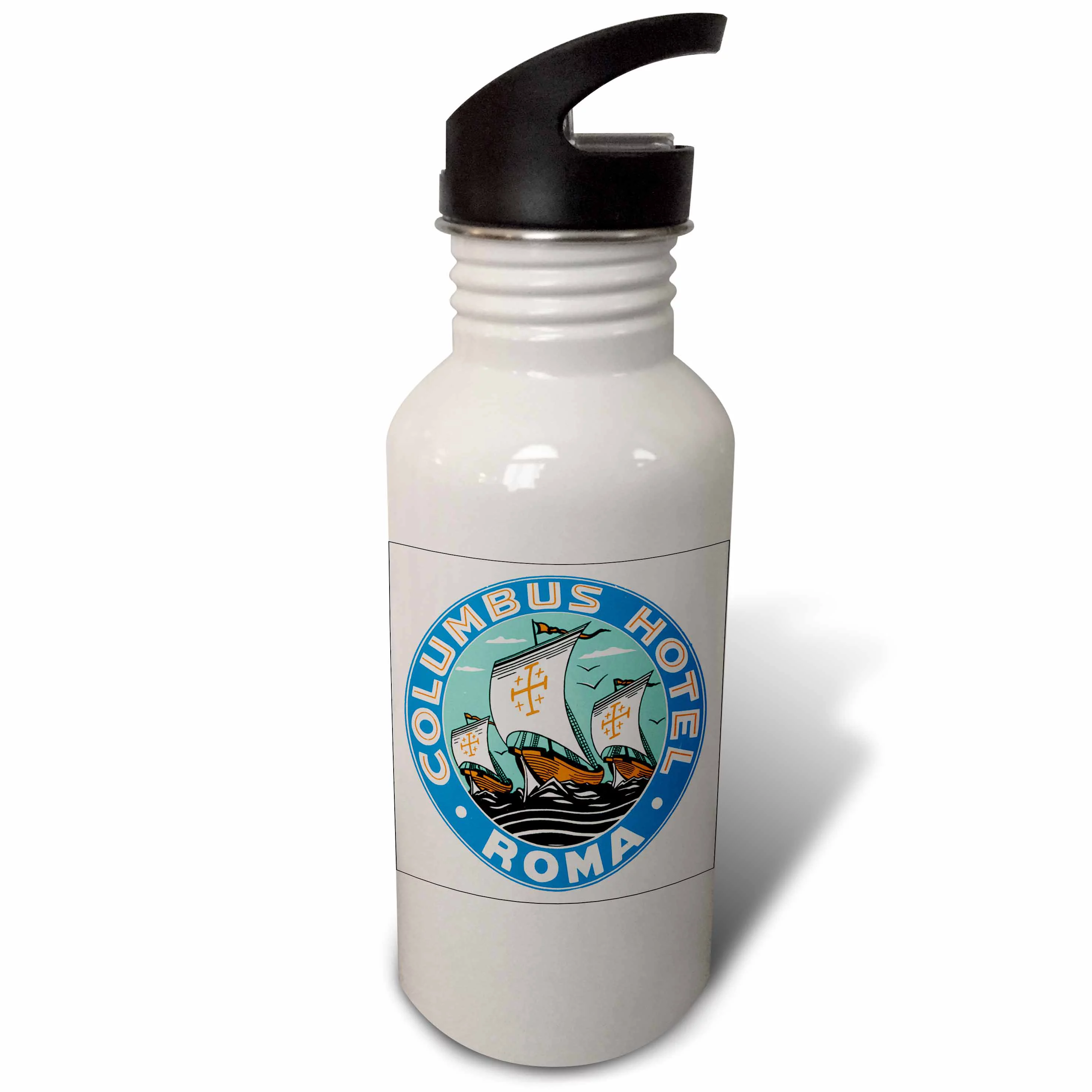 Columbus Hotel Roma with Columbus Sailing Ships Round Label 21 oz Sports Water Bottle wb-169848-1
