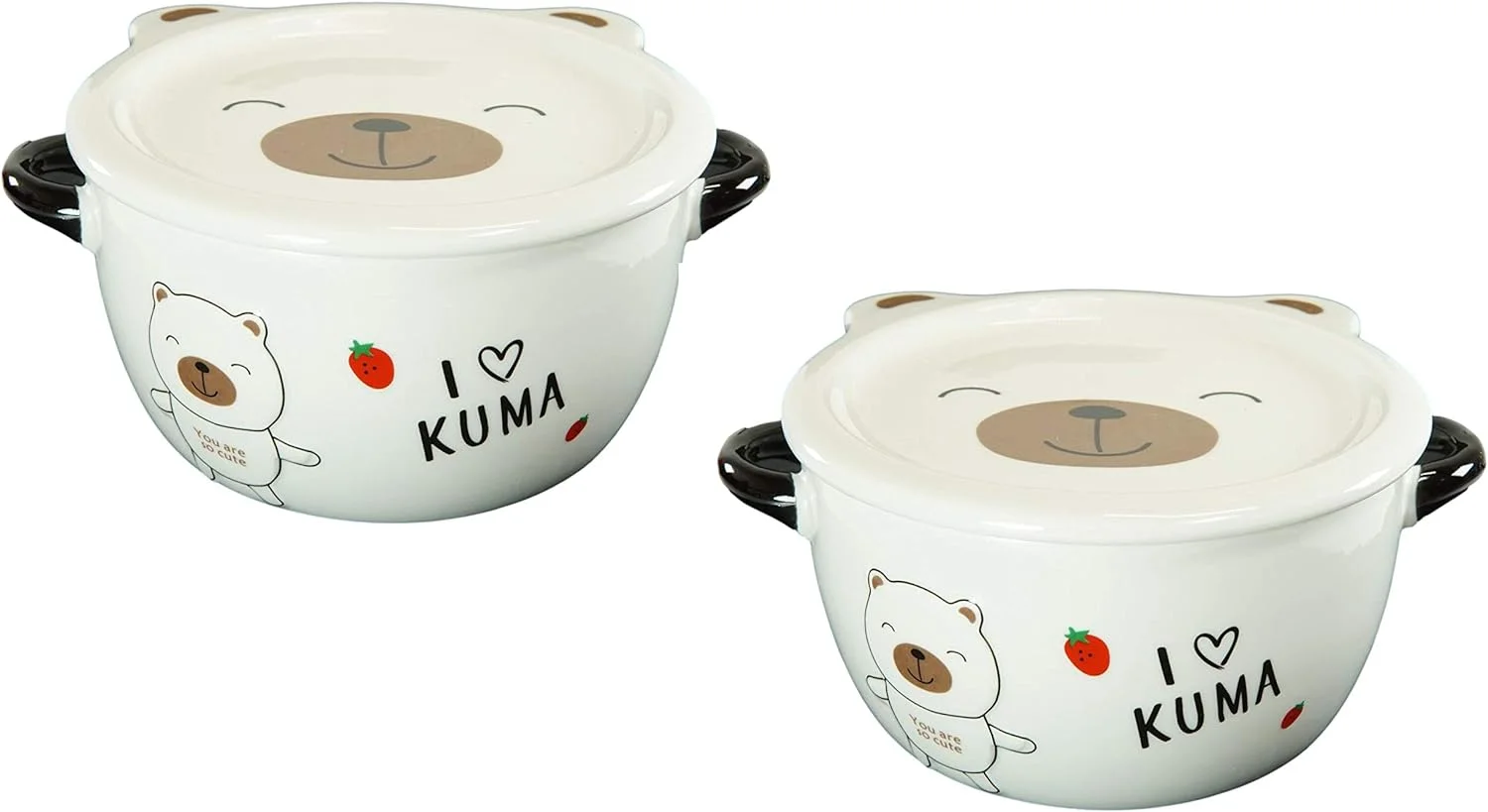 Pack Of 2 Stoneware Porcelain Noodle Miso Soup Rice Dessert Food Bowls 25Oz With Kuma Bear Face Condiment Lid Plate  Side Hles Kids Children Dining Bowl Servewares (White)