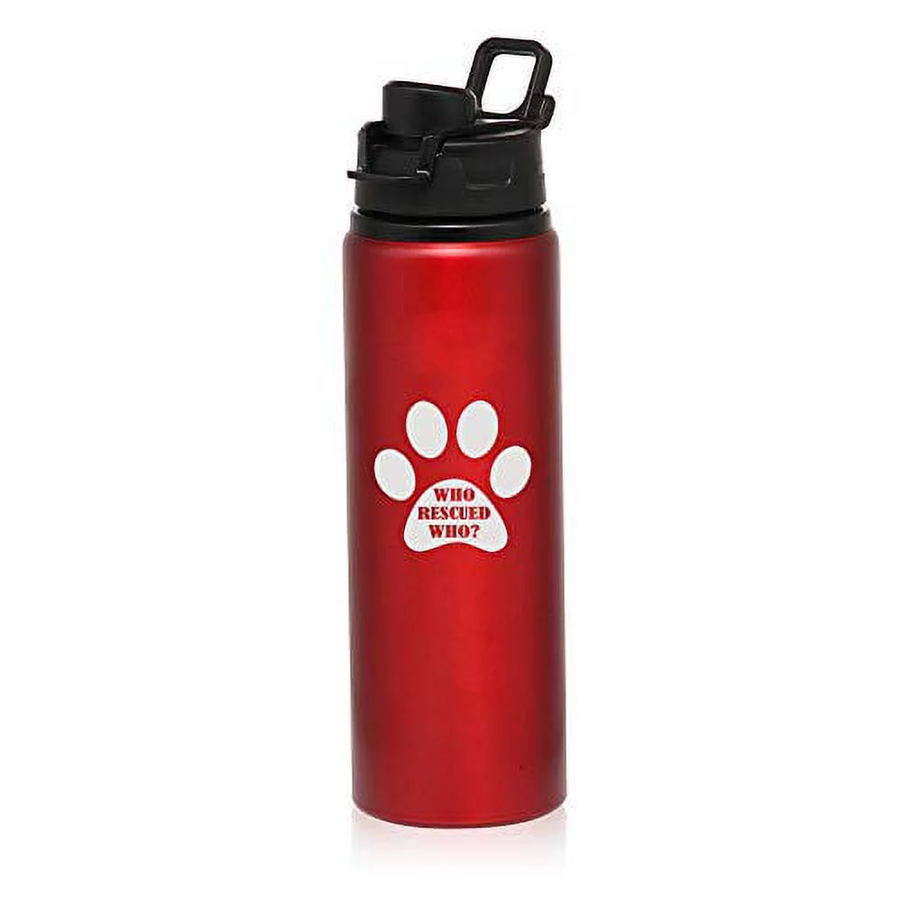 MIP Brand 25 oz Aluminum Sports Water Travel Bottle Paw Print Who Rescued Who (Red)