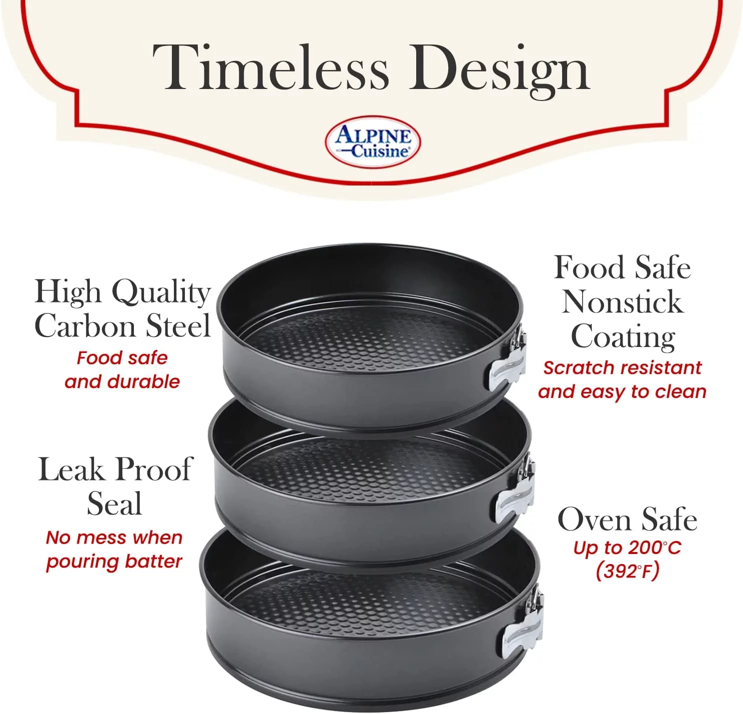 Alpine Cuisine Spring Form Cake Mold 3pc Set (9.5in,10in,11in) - Carbon Steel Removable Bottom Bakeware Set - Durable, Heavy Duty - Multipurpose Use Baking Pans - Dishwasher Safe