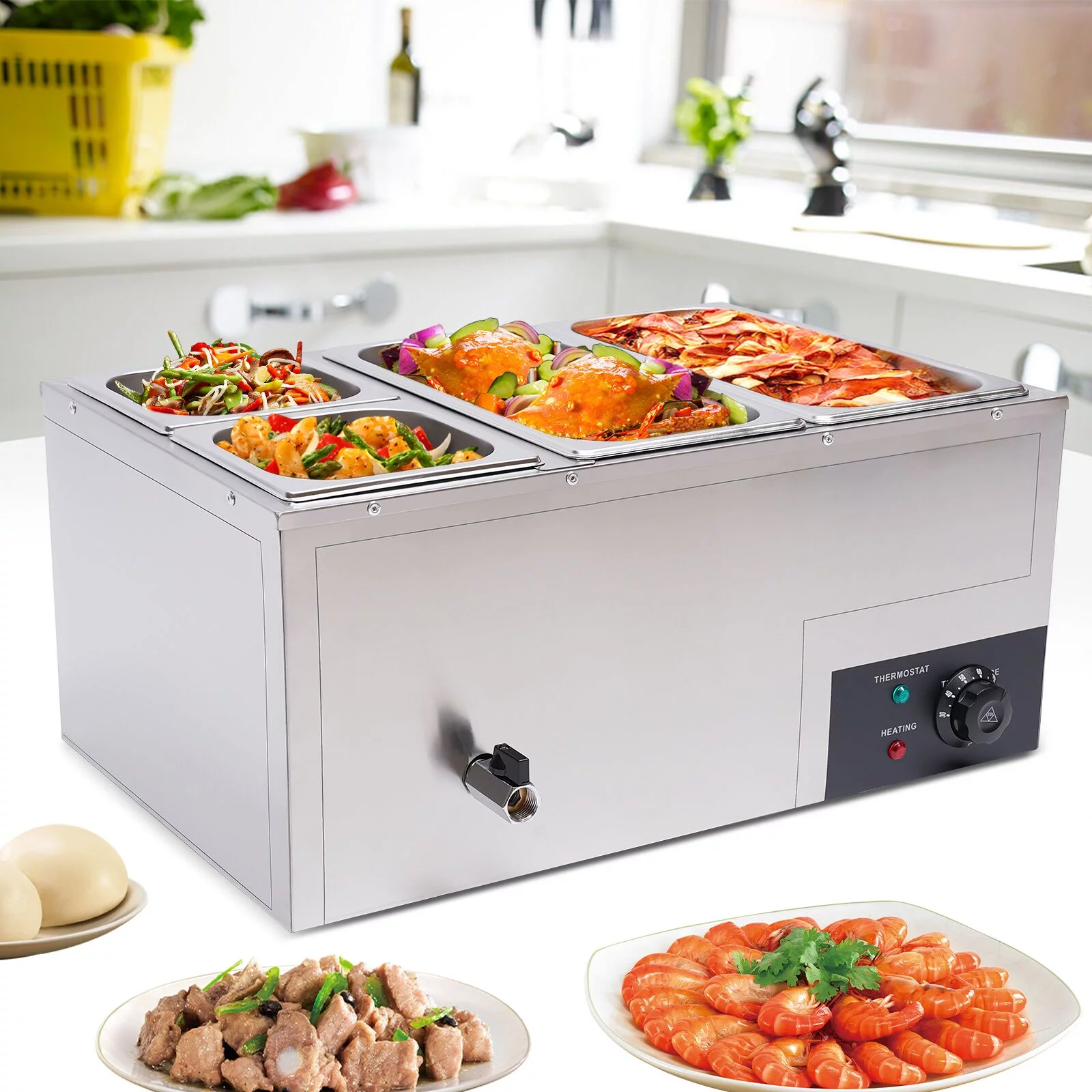 Loyalheartdy Commercial Bain Marie Buffet Food Warmer 4 Pan Stainless Steel Steam Table w/Temperature Control for Catering 850W