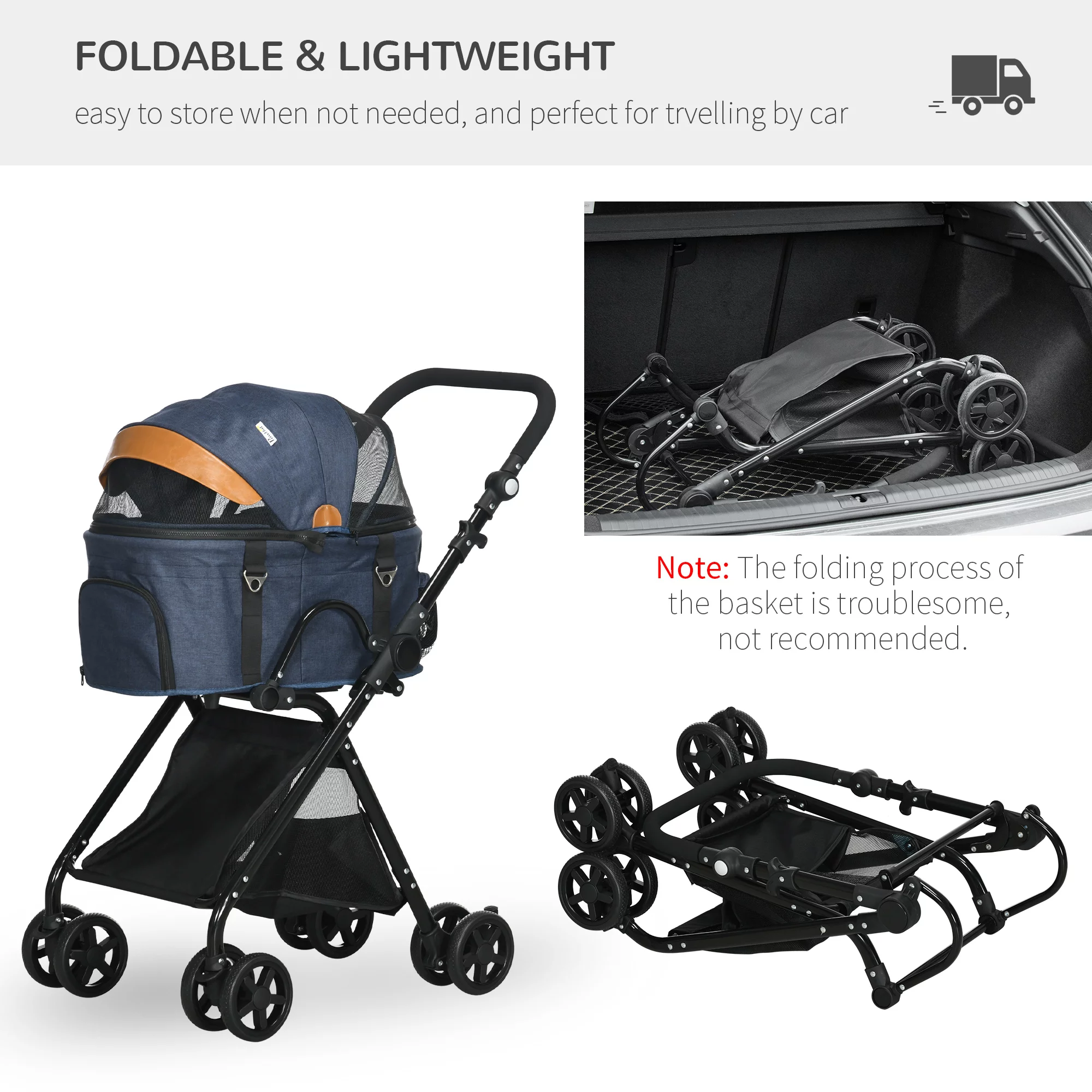PawHut 2 in1 Foldable Pet Stroller and Detachable Travel Carriage with Lockable Wheels, Adjustable Handlebar Canopy and Zippered Mesh Window Blue