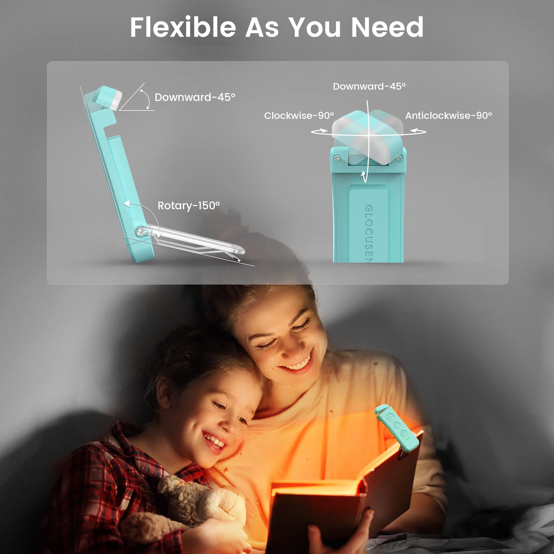 Glocusent USB Rechargeable Book Light for Reading in Bed, Portable Clip-on LED Reading Light, 3 Amber Colors & 5 Brightness Dimmable, Compact & Long Lasting, Perfect Gift for Book Lovers, Kids