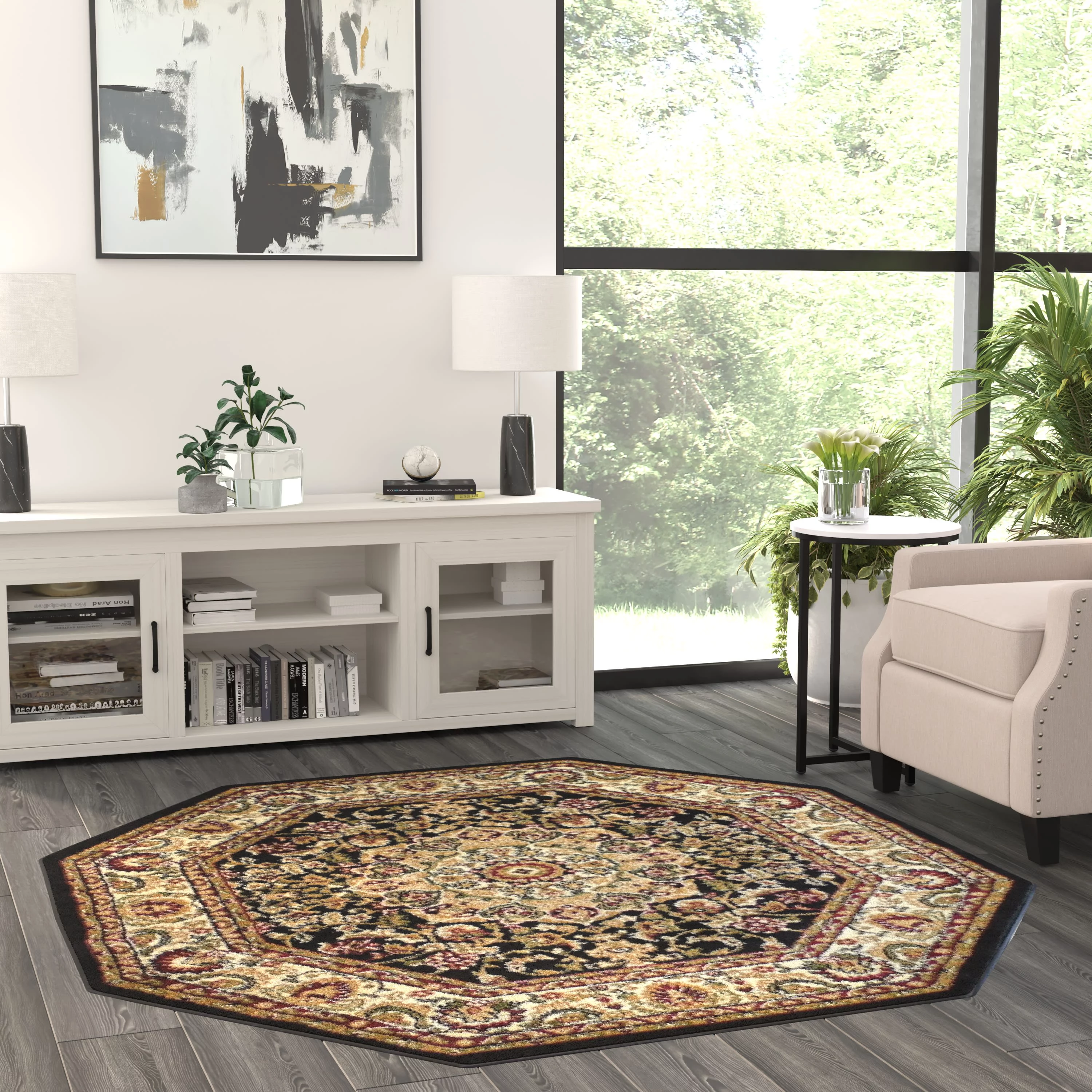 BizChair Traditional Octagon Area Rug Design Bellagio 401 Black (5 Feet 3 Inch X 5 Feet 3 Inch) Octagon