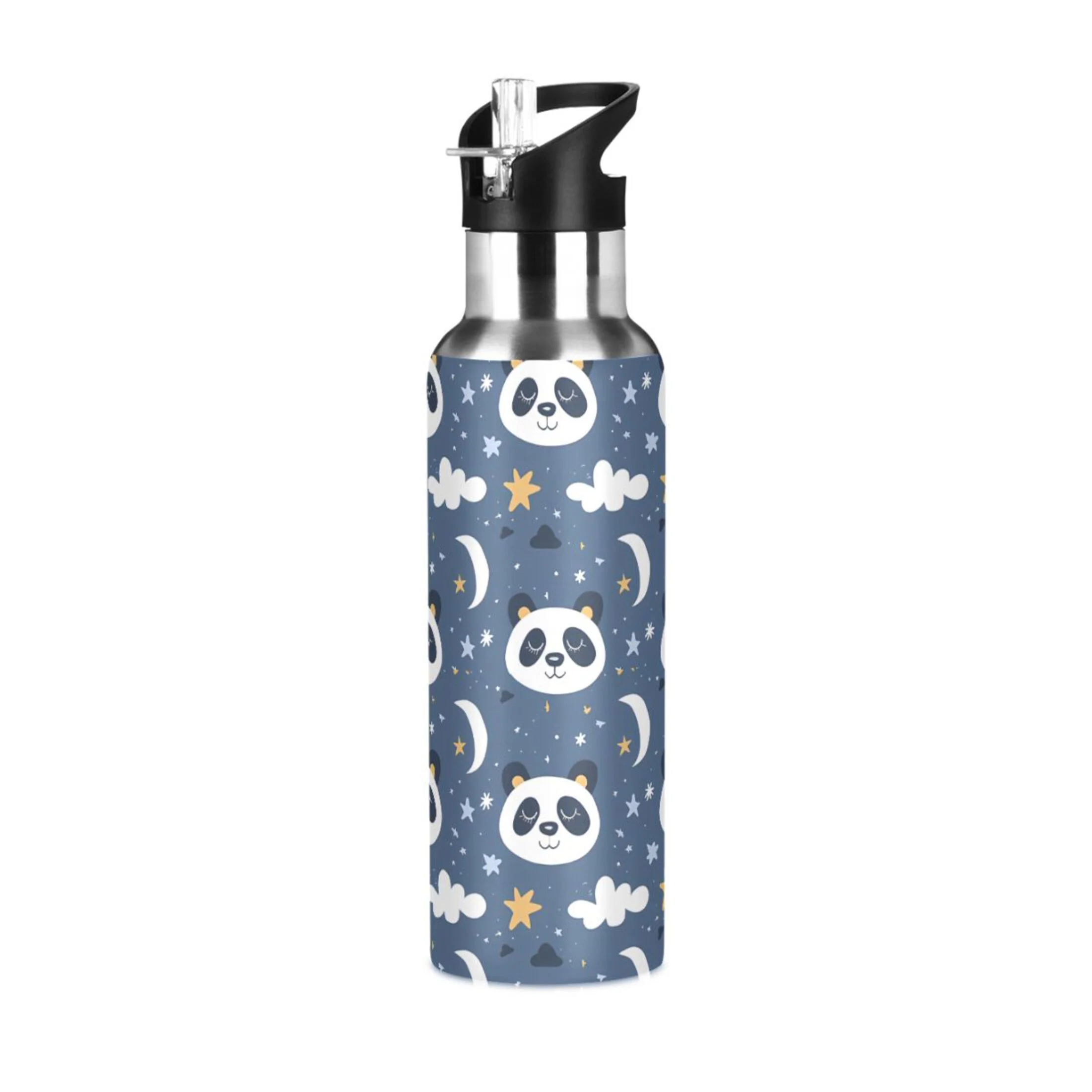 Cartoon Pandas and Clouds Water Bottles Insulated Thermos Kids Stainless Steel Bottle with Straw Lid Flask Leakproof for Sports Gym 20 oz