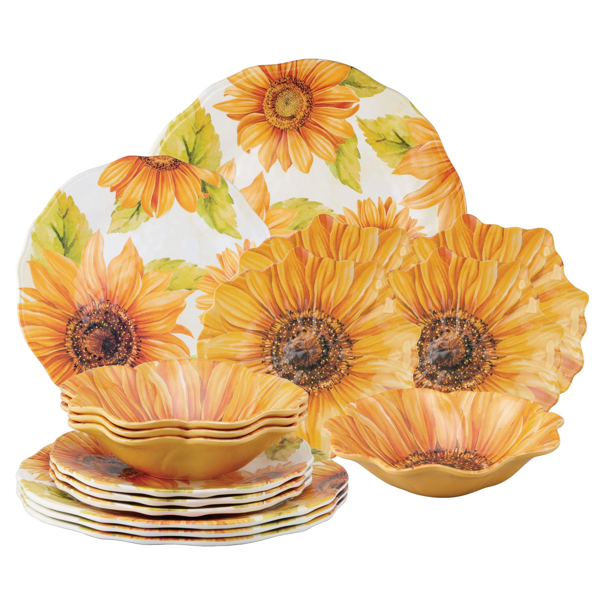 Gourmet Art 16-Piece Melamine Dinnerware Set, Includes Dinner Plates, Salad Plates, Dessert Plates, Bowls, Service for 4. (Sunflower)