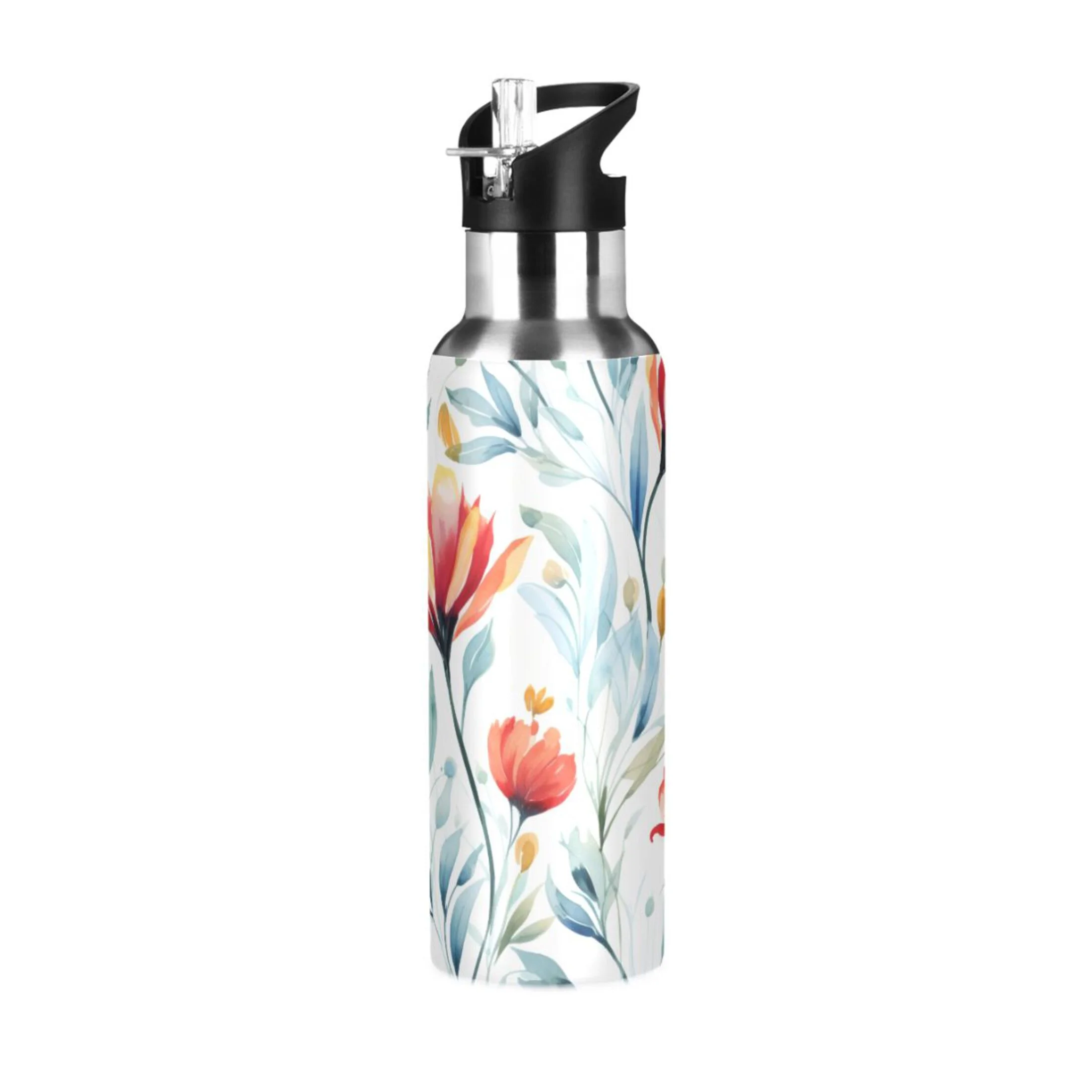 Flowers and Blue Water Bottles Insulated Thermos Kids Stainless Steel Bottle with Straw Lid Flask Leakproof for Sports Gym 20 oz