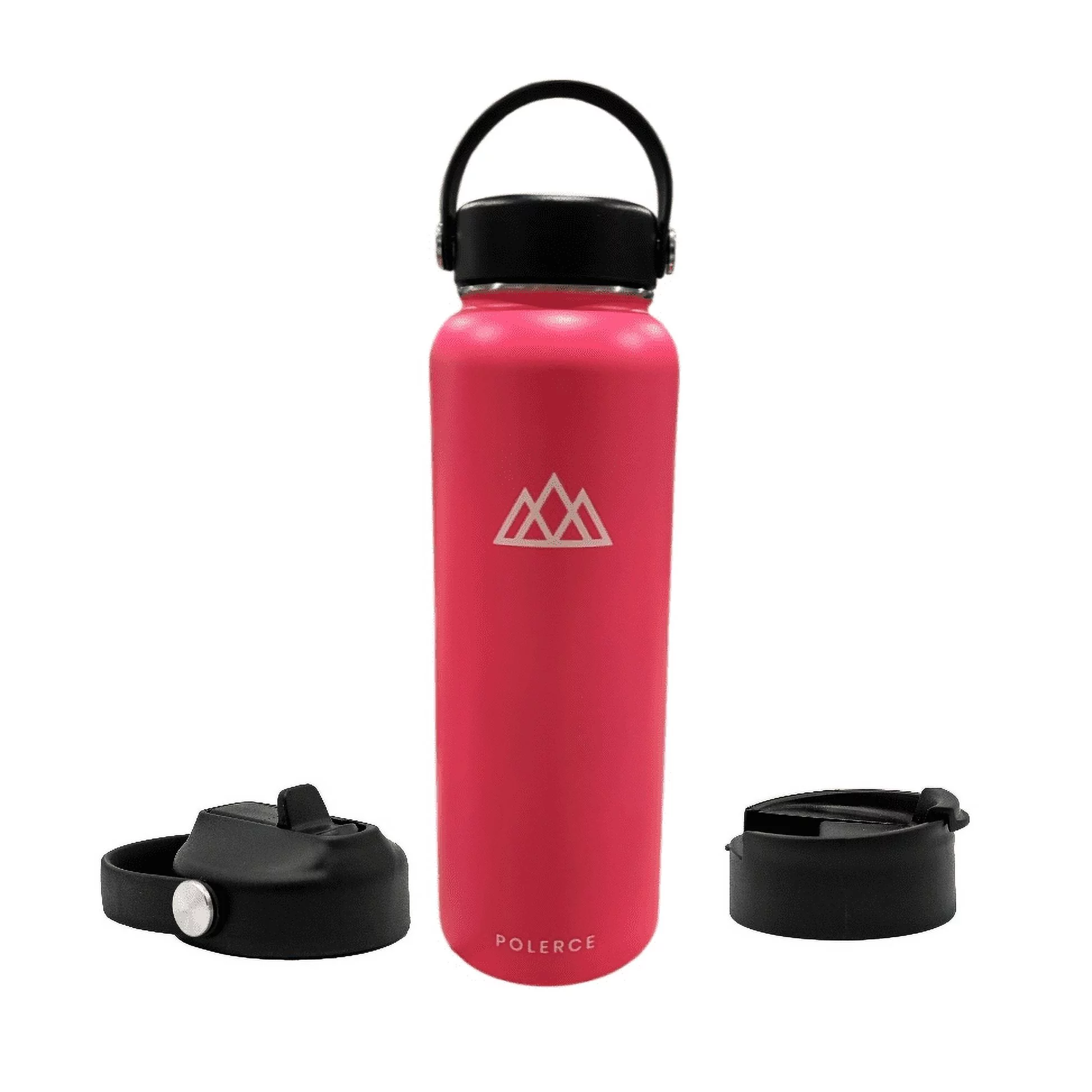 Vacuum Insulated Bottle with 3 Lids - Stainless Steel Thermally Insulated Flask - 40 Fl Oz - Pink - by Polerce
