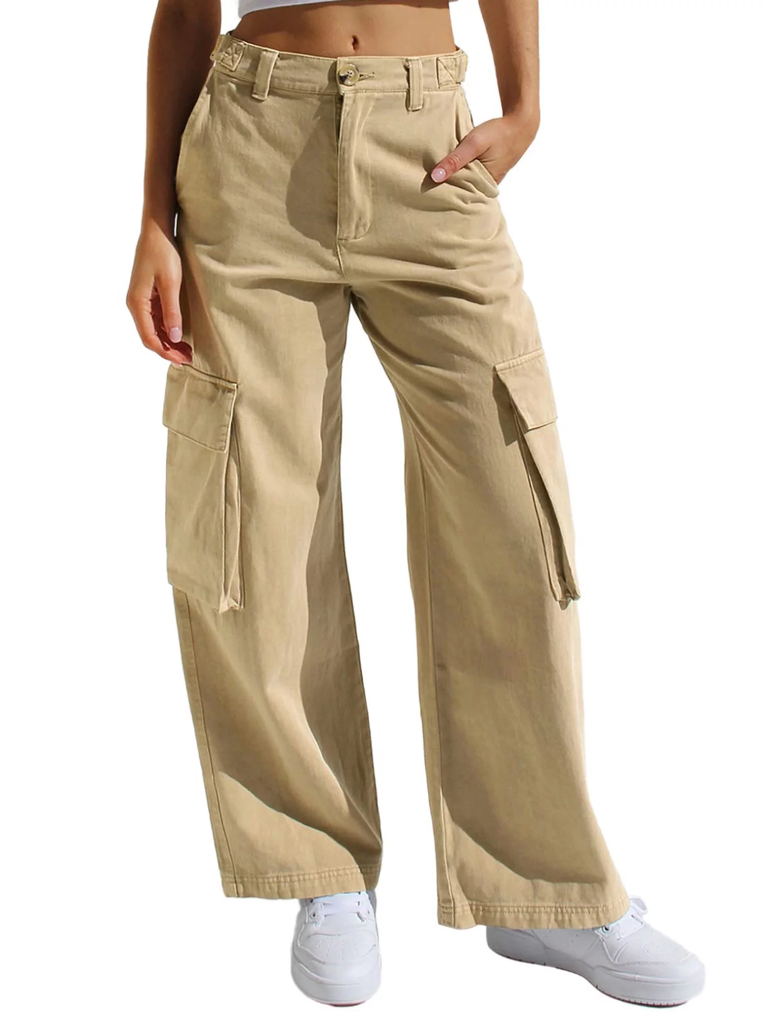 Peyakidsaa Women's Casual Cargo Trousers Solid Wide Leg Joggers Pockets Cargo Pants