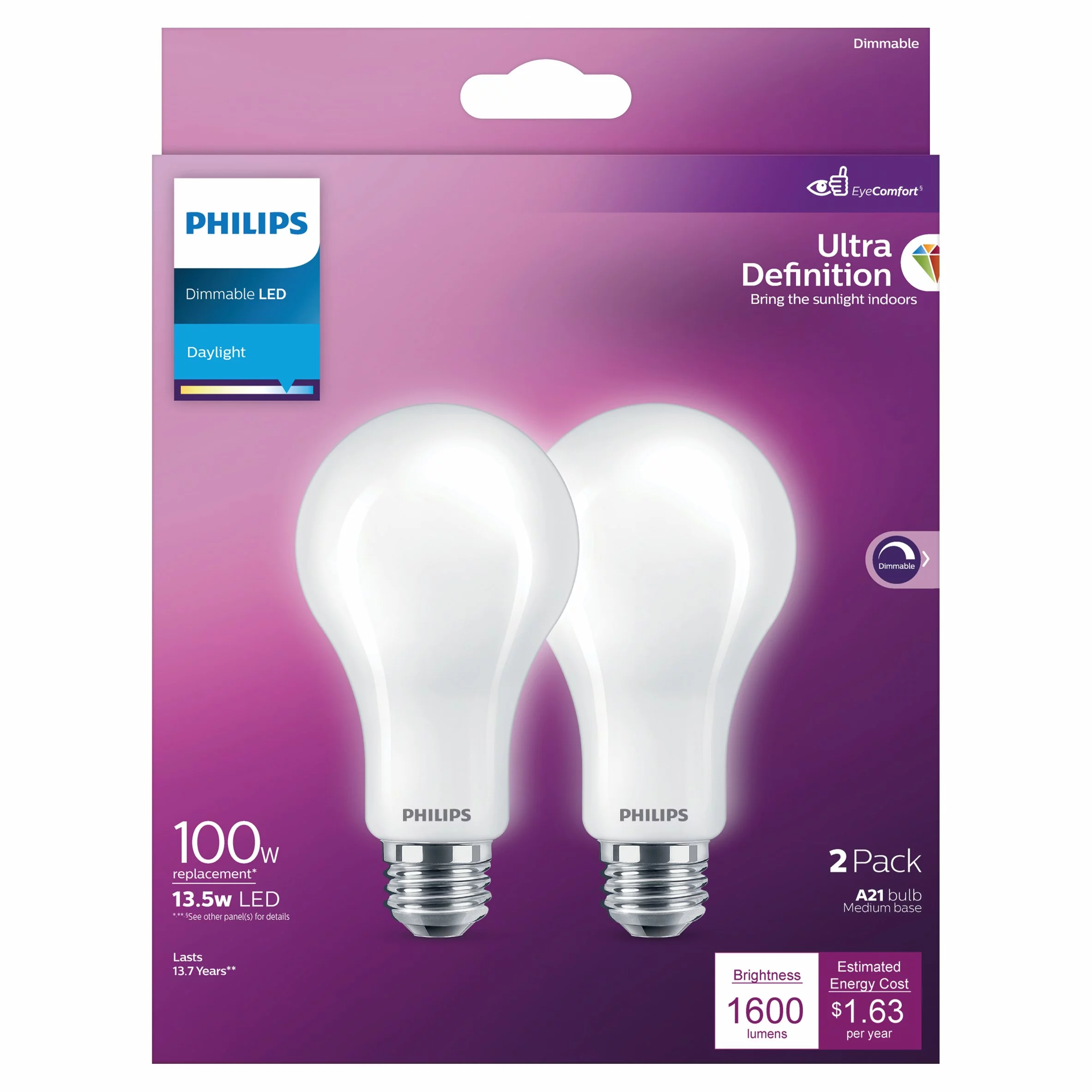 Philips Ultra Definition LED 100-Watt A21 Light Bulb, Frosted Daylight, Dimmable, E26 Medium Base (2-Pack)