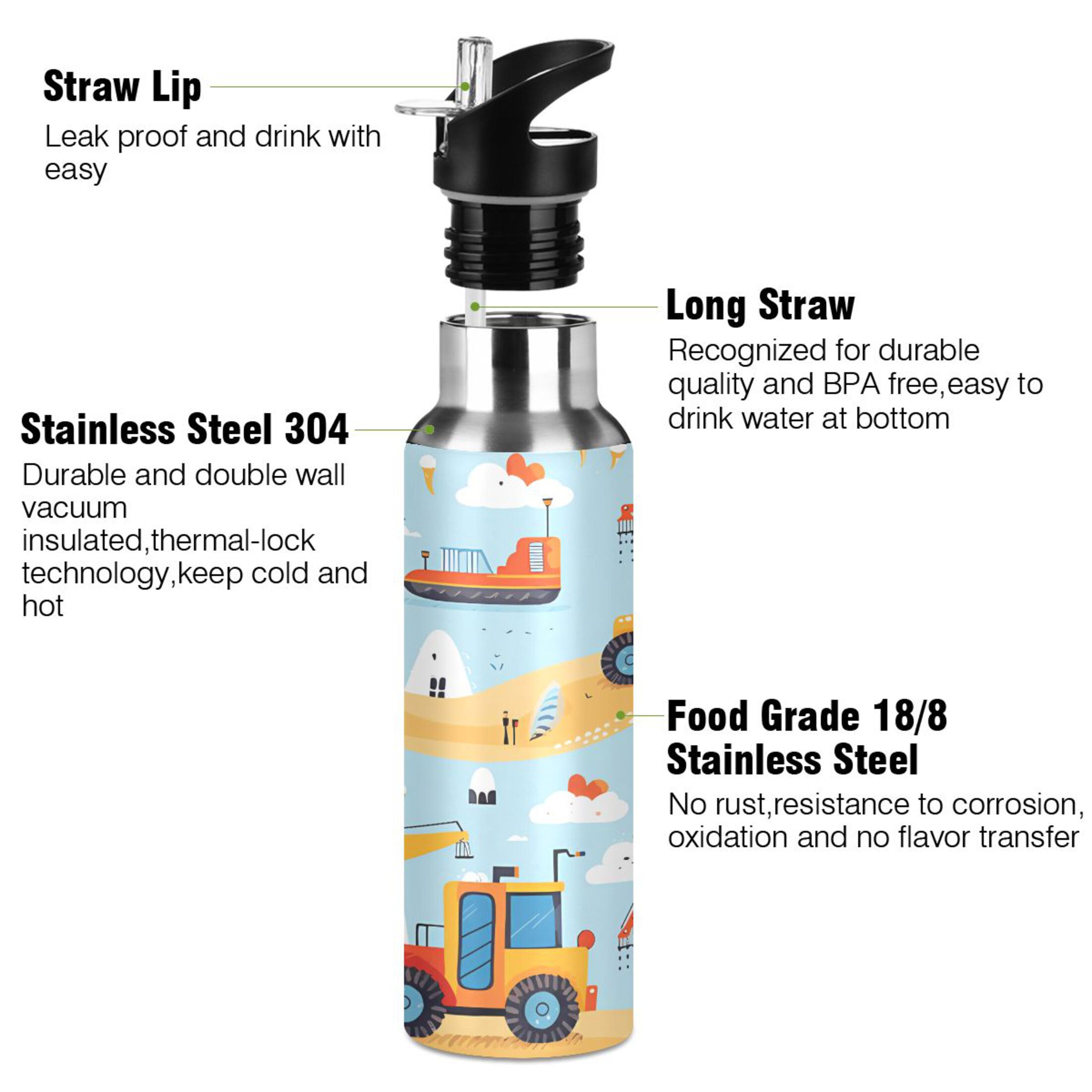 Water Bottle with Straw Lid Leak Cartoon Truck Blue Excavator Stainless Steel Insulated Thermos Vacuum Flask for Cold Hot Drinking for Sports Camping Gym Yoga