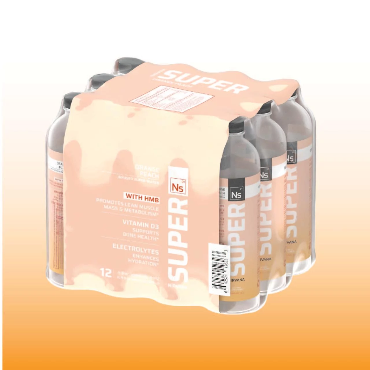 Nirvana Super™ Water - Orange Peach - HMB Infused Beverage, Natural Spring Water, Pure Hydration + Muscle and Bone Support, 16.9 Fl oz bottles (12 Pack)