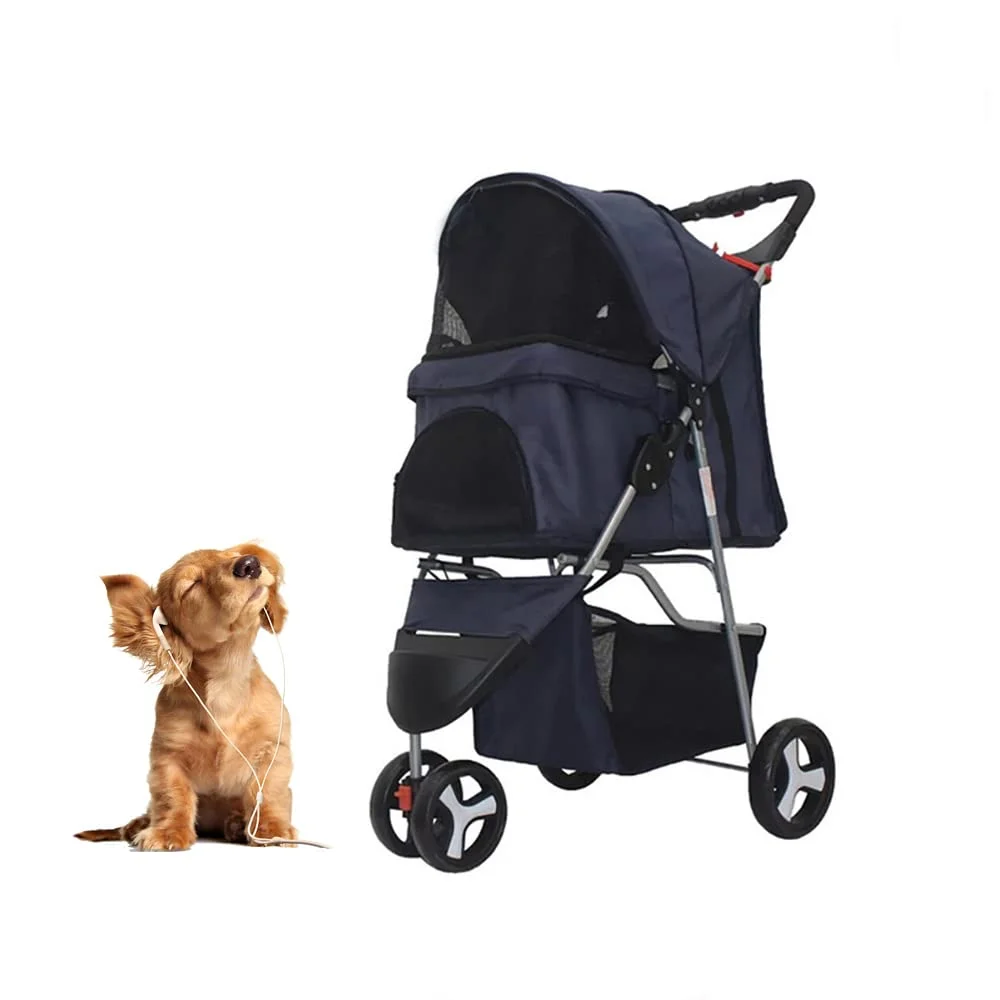 Foldable Pet Dog Stroller, 3 Wheels Pet Stroller With Weather Cover & Storage Basket Travel Folding For Dog And Cat (Blue)