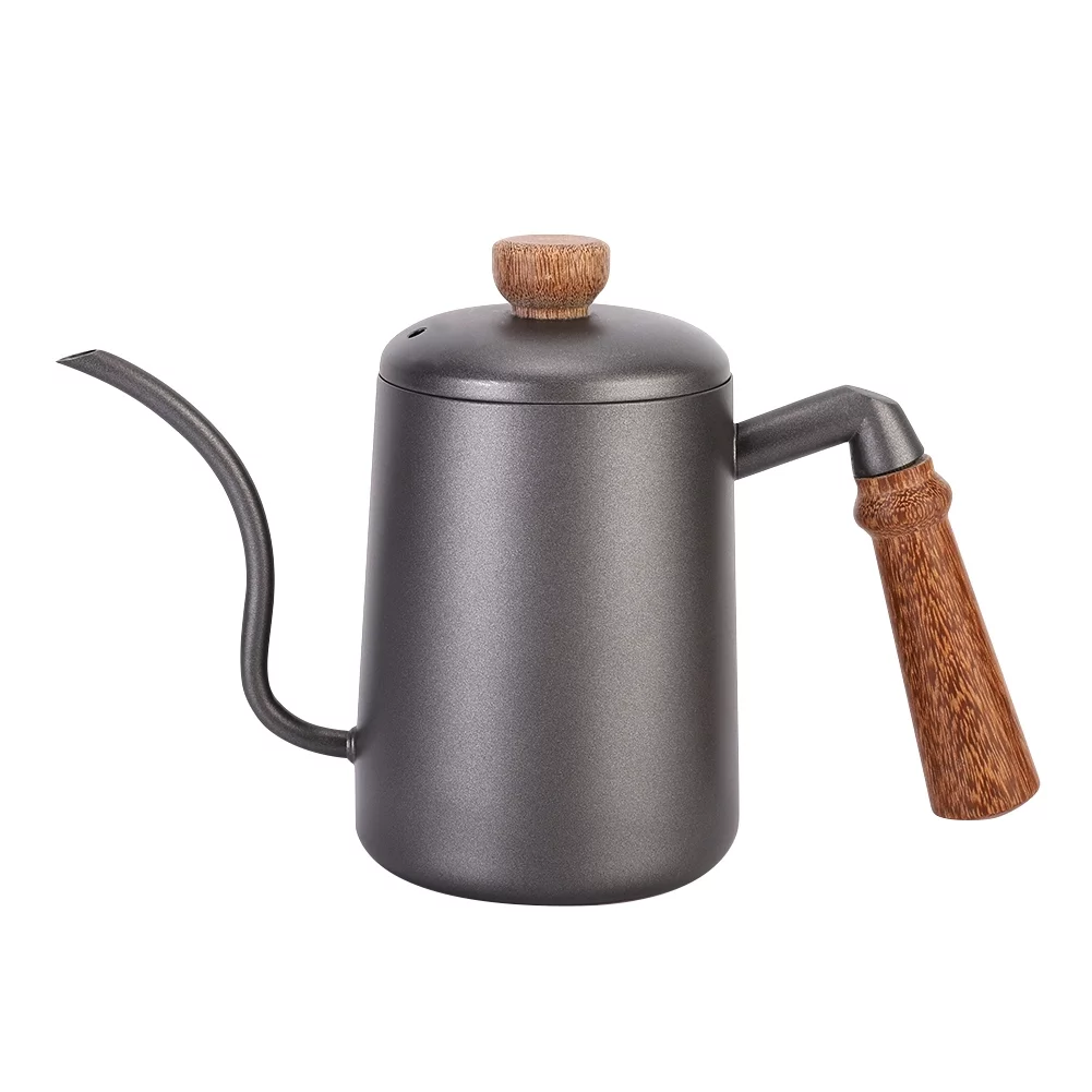 600ml Large Capacity Stainless Steel Retro Hand Coffee Water Tea Narrow Mouth Pot Extended Water Outlet with Wooden Handle