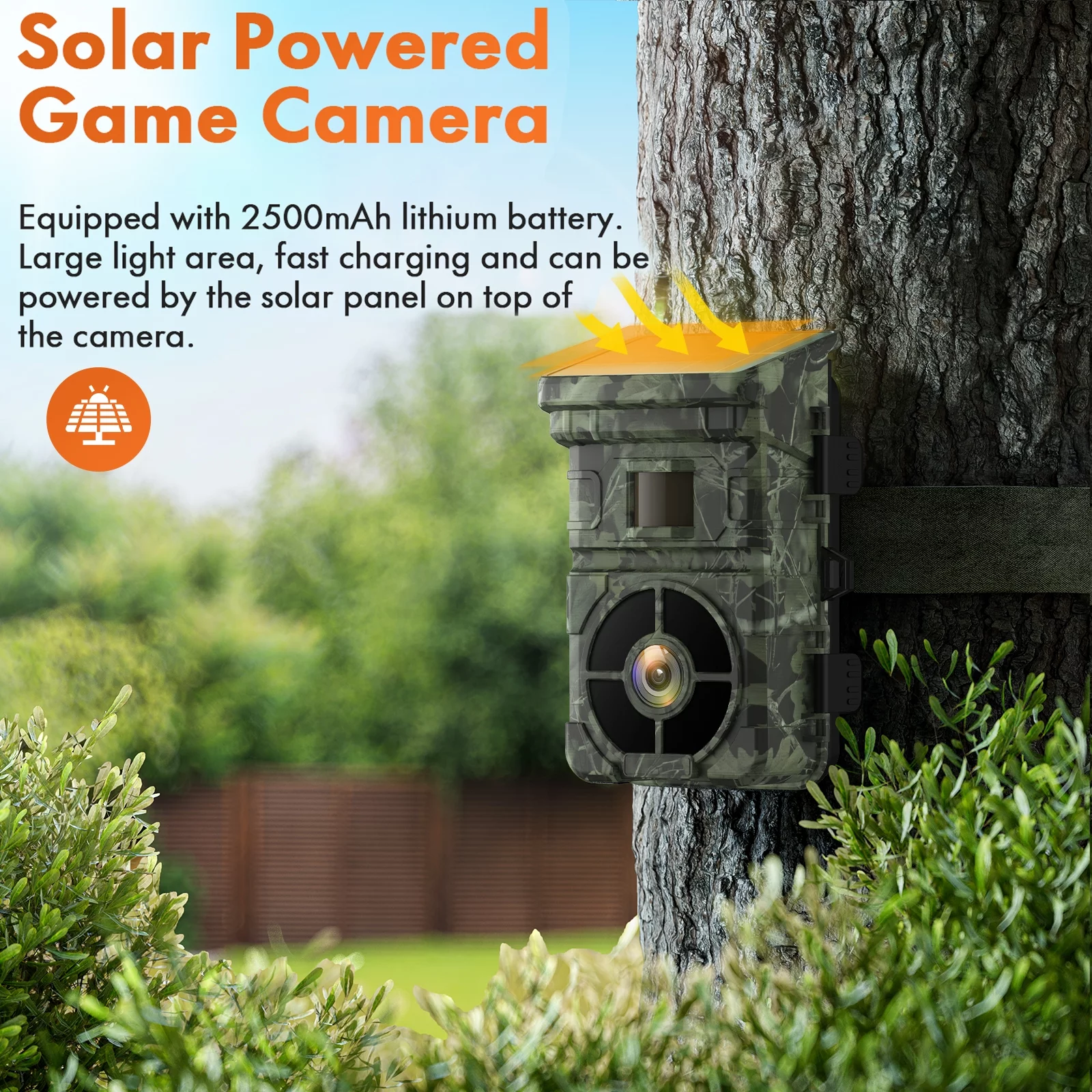 CAMPARK Solar Trail Camera 24MP 1080P 2500mAh Built-in Lithium Battery Rechargeable Game Camera with Night Vision Waterproof IP66 0.1s Trigger Speed 120°Wide Angle 2.0