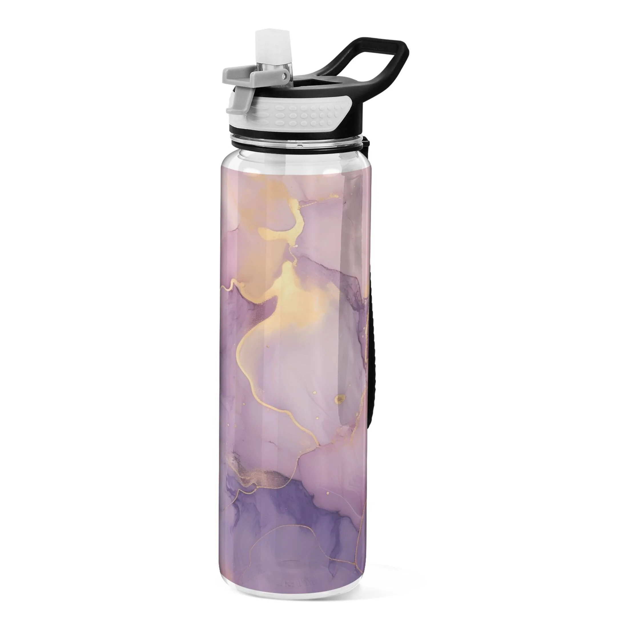 Purple and Gold Marble 32oz Water Bottles with Straw Tritan Leakproof Sports Bottle BPA Free Clear for Fitness Gym Swimming Cycling