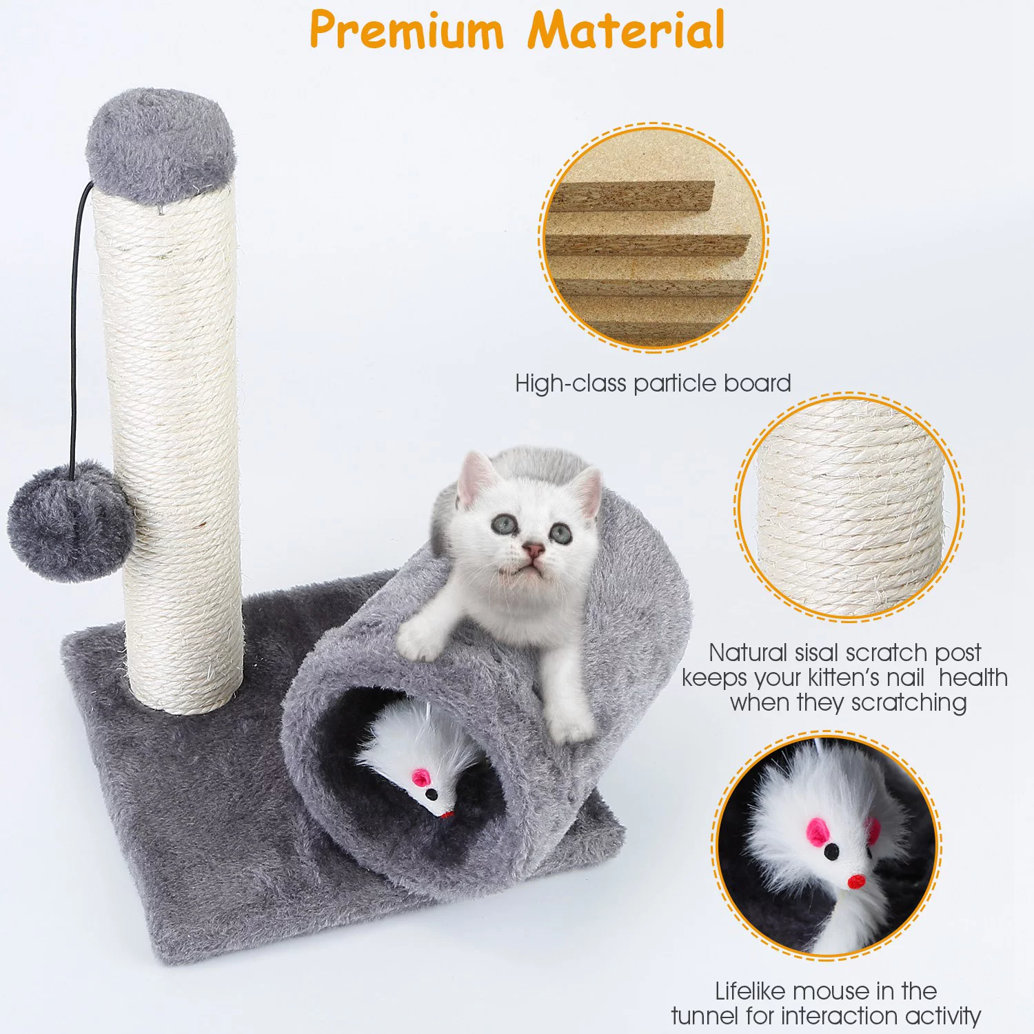 iMountek Cat Scratching Post Cat Kitten Sisal Scratch Post Toy with Tunnel & Lifelike Mouse Toy Pet Activity Play Fun