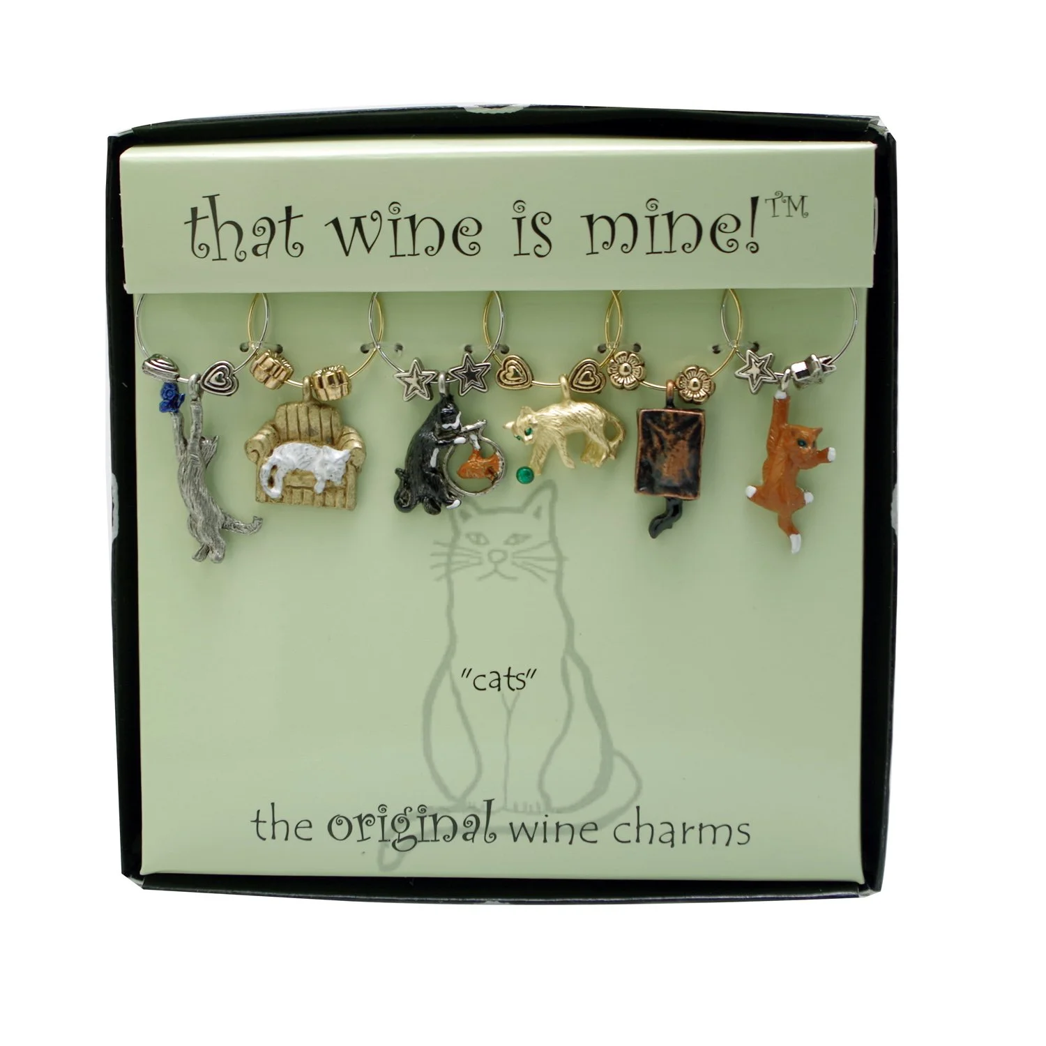 Wine Things 6-Piece Wine Charms/Wine Glass Tags/Drink Markers for Stem Glasses, Wine Tasting Party (Cats)