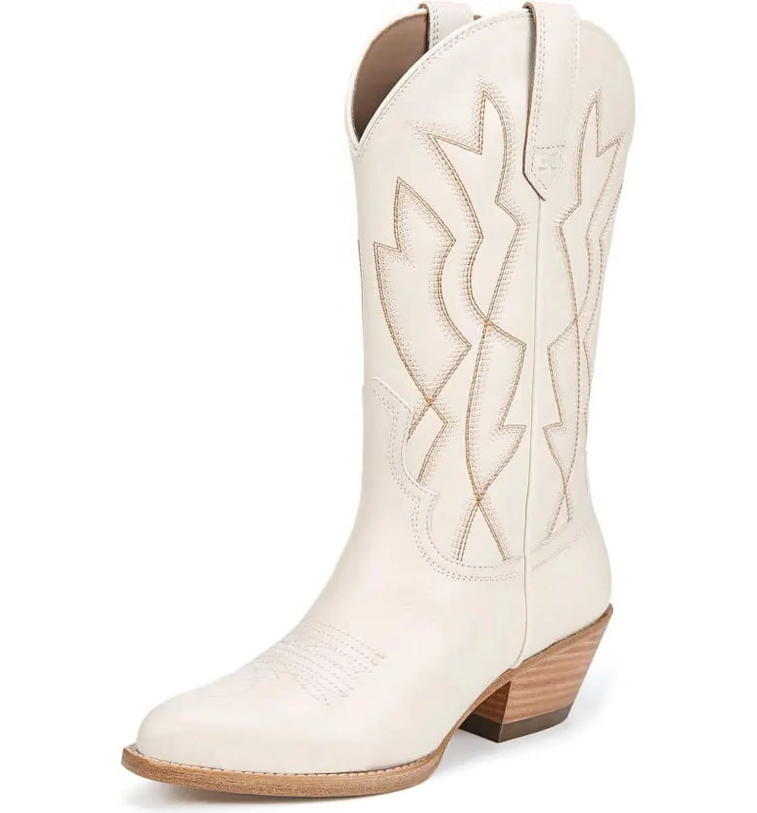 Sam Edelman Fuller Ivory Stacked Heel Pointed Toe Pull On Leather Western Boots (Ivory, 5)