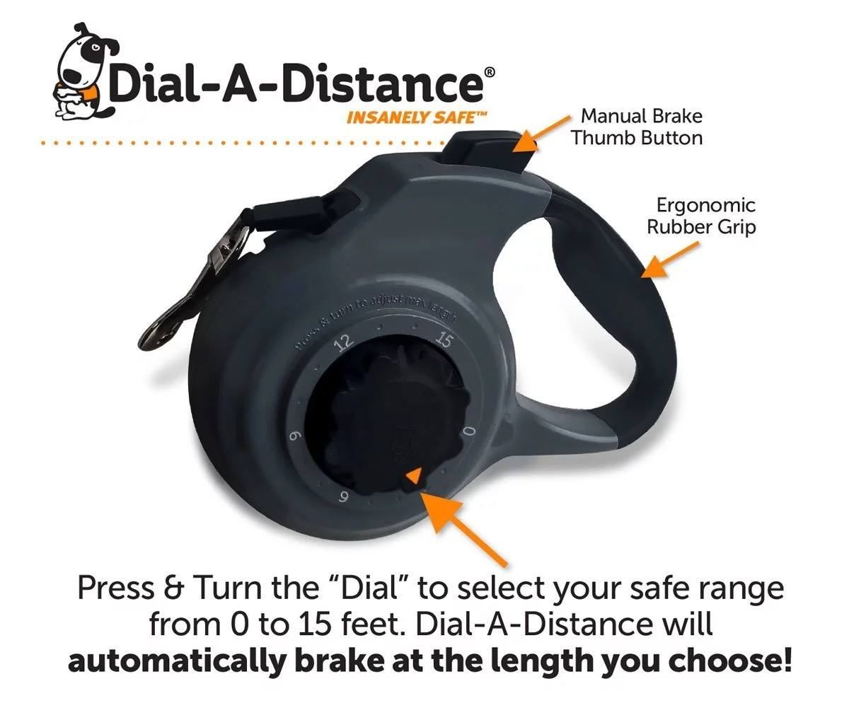 Dial-A-Distance Adjustable Retractable Dog Leash, Medium