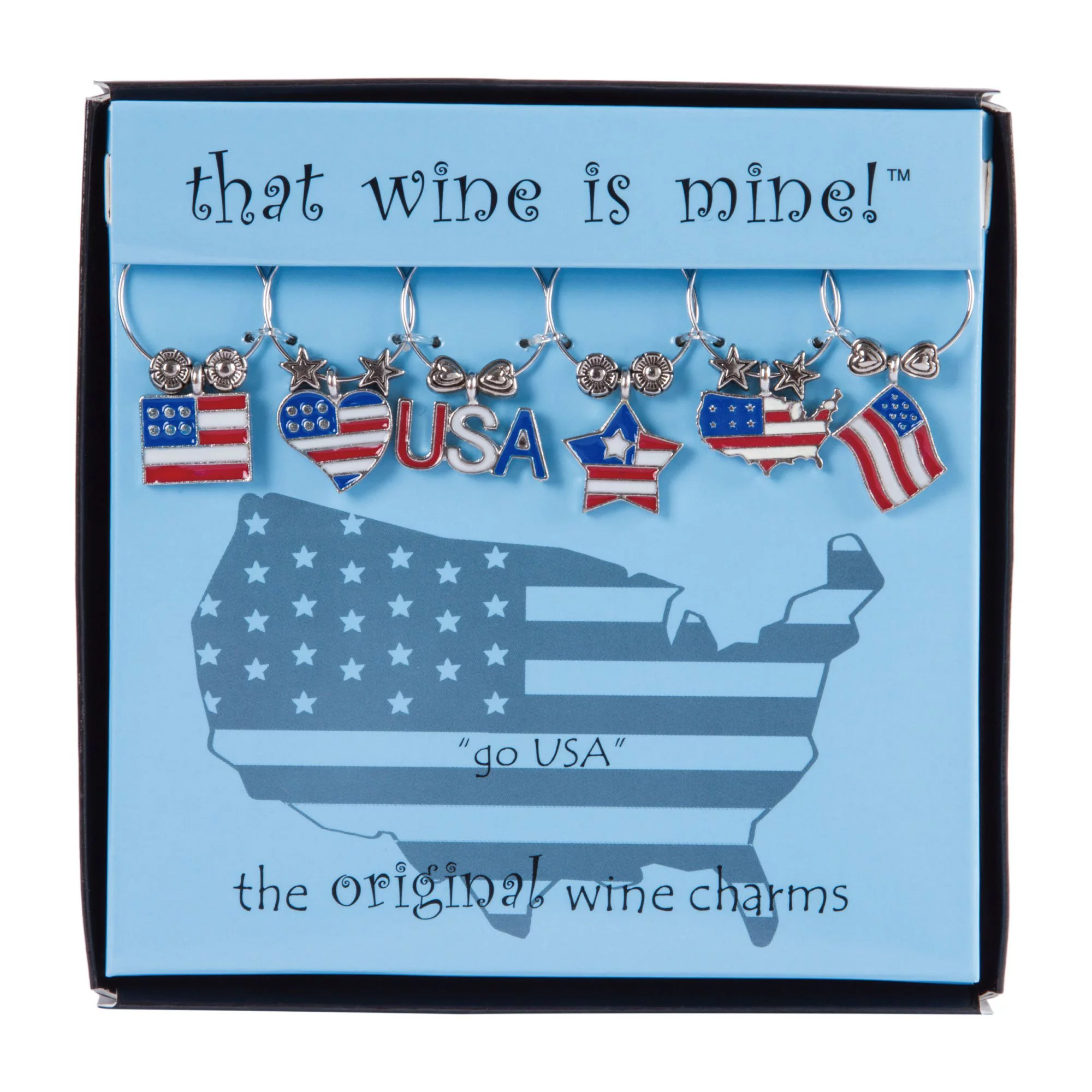 Wine Things 6-Piece Wine Charms/Wine Glass Tags/Drink Markers for Stem Glasses, Wine Tasting Party (Go USA)