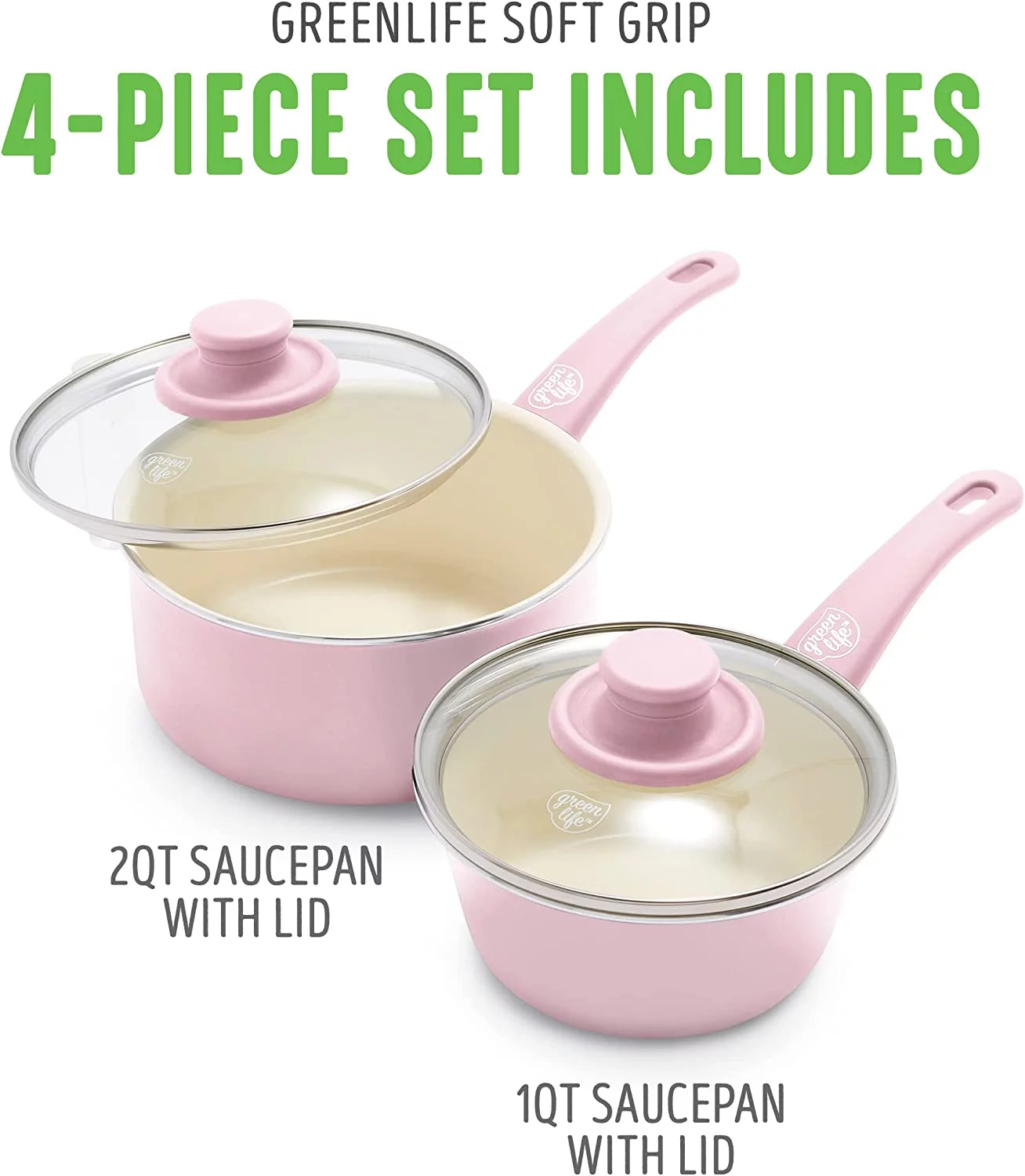 GreenLife Soft Grip Healthy Ceramic Nonstick, 1QT and 2QT Saucepan Pot Set with Lids, PFAS-Free, Dishwasher Safe, Soft Pink Soft Pink Saucepans