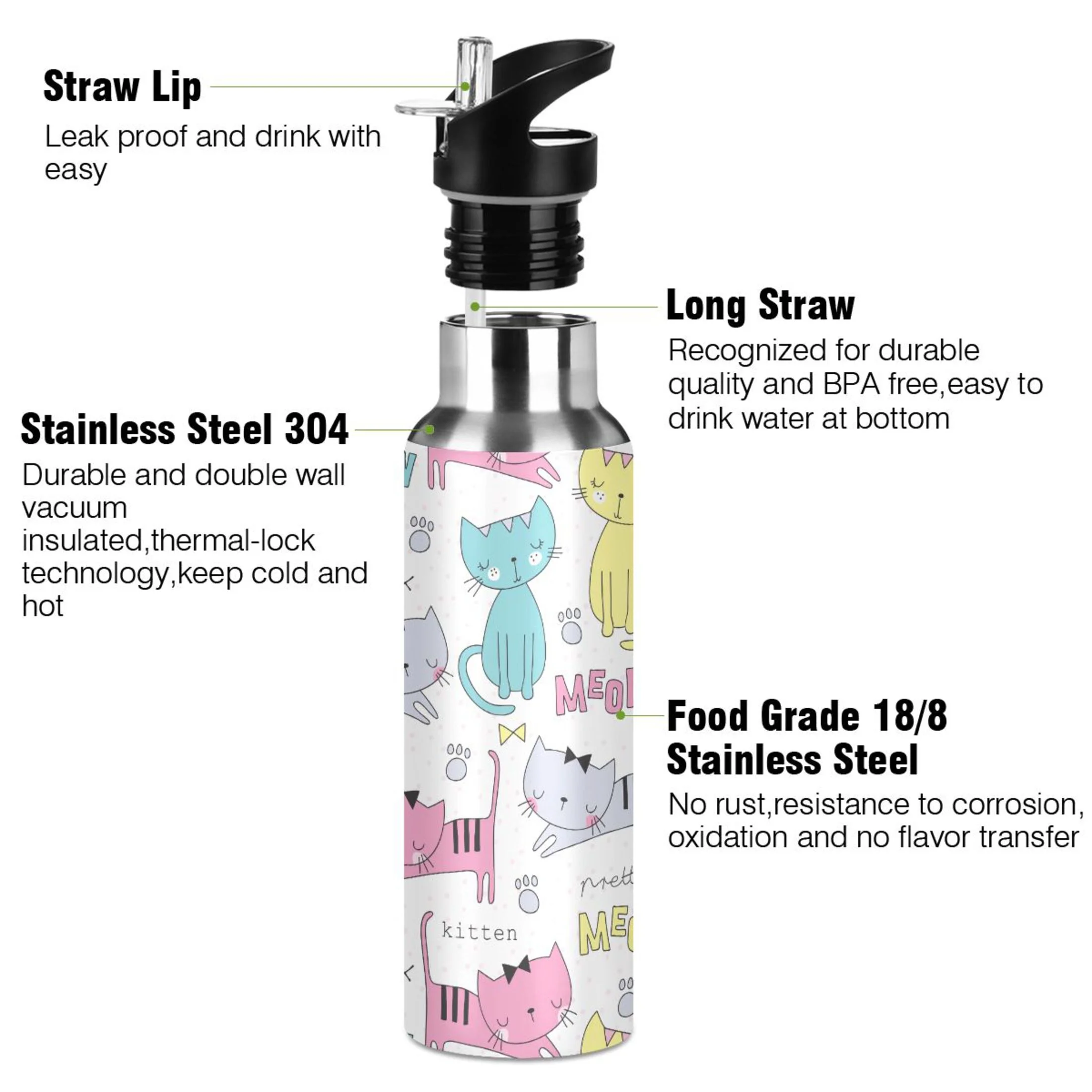 Stainless Steel Water Bottle Cute Cats Cartoon with Straw Lid Vacuum Insulated Keeps Hot and Cold Leak Proof Flask Jug for Gym Travel Sports Cycling Outdoor 20 OZ