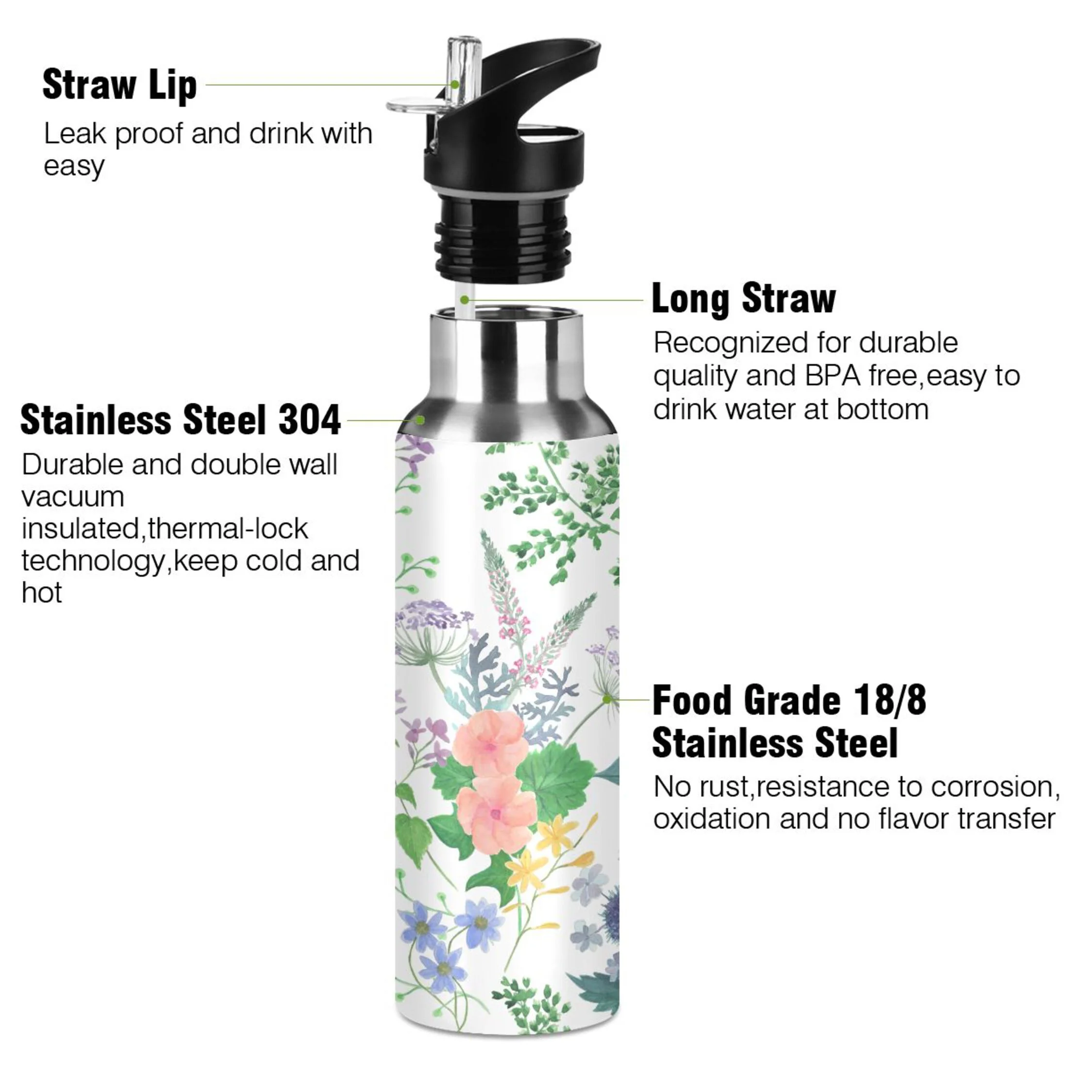 Water Bottle with Straw Lid Leak Flowers Lavender Leaves Stainless Steel Insulated Thermos Vacuum Flask for Cold Hot Drinking for Sports Camping Gym Yoga