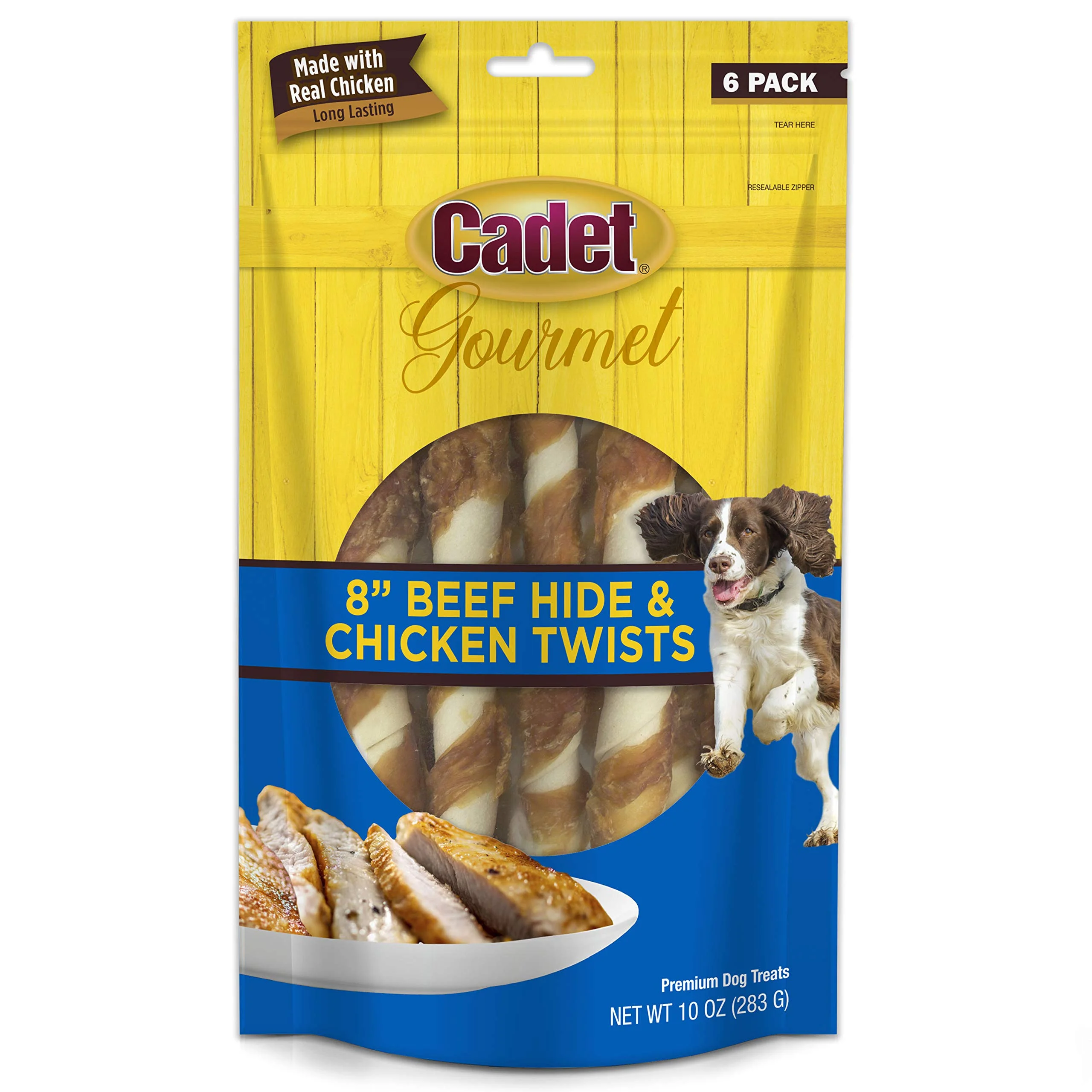 Cadet Gourmet Beef Hide & Chicken Twists Dog Treats - Healthy & Natural Rawhide & Chicken Dog Treats for Small & Large Dogs - Inspected & Tested in USA, 8 In. (6 Count)