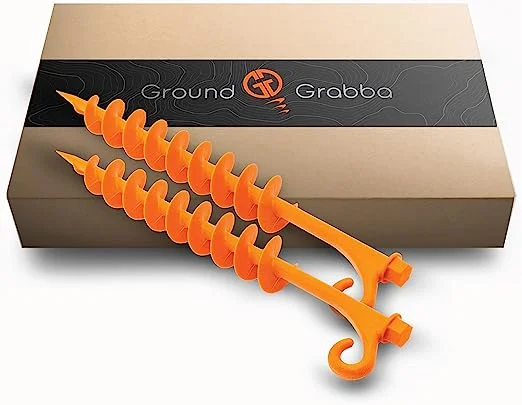GROUNDGRABBA Lite Orange Tent Stakes, Tent Stakes for Sand, Screw in Earth Ground Anchors for Maximum Grip and Longevity in Soft Surfaces, 2 Pack