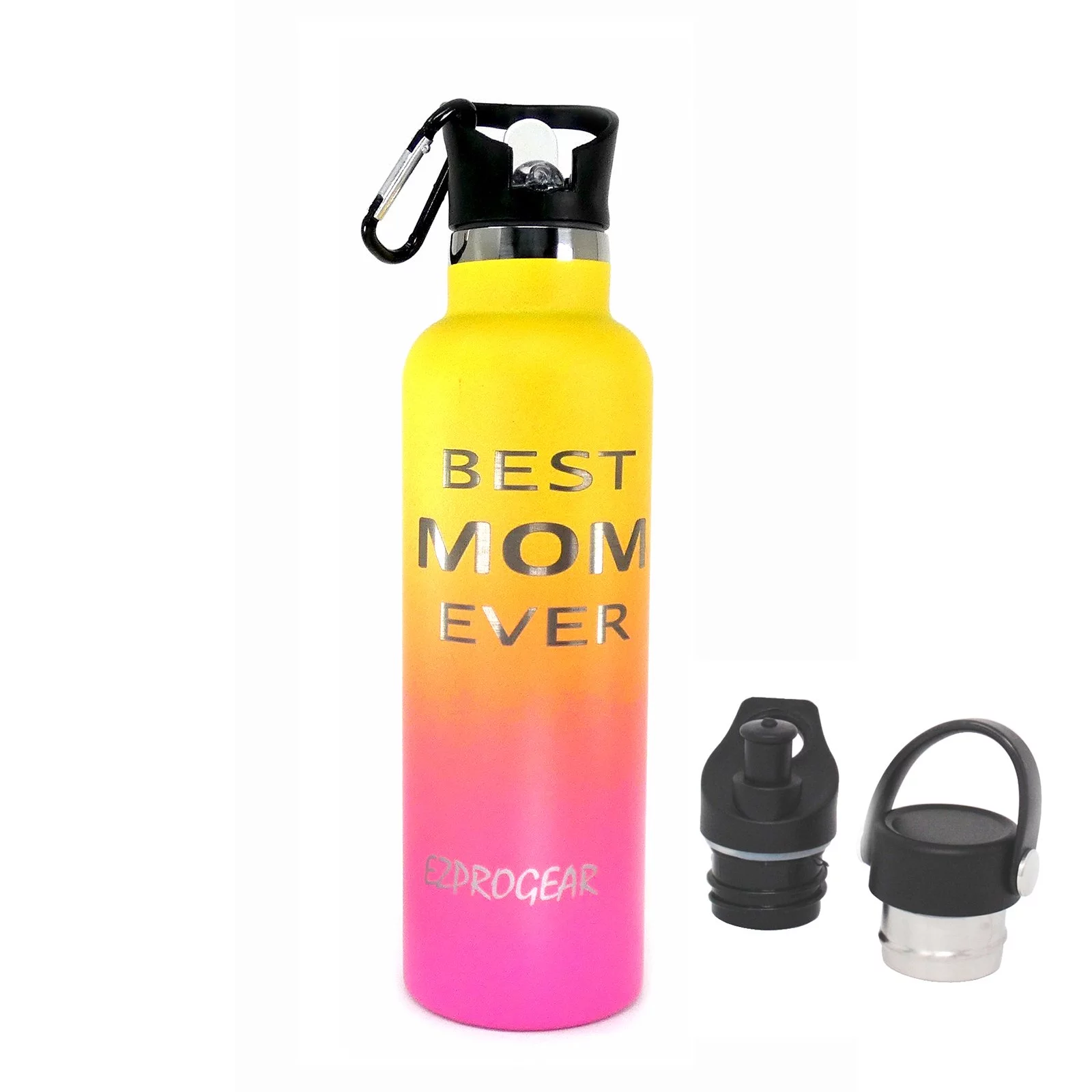 Best Mom Ever Gift - Ezprogear 25 oz Stainless Steel Water Bottle Double Wall Vacuum Insulated with Straw (Yellow/Rose Pink)
