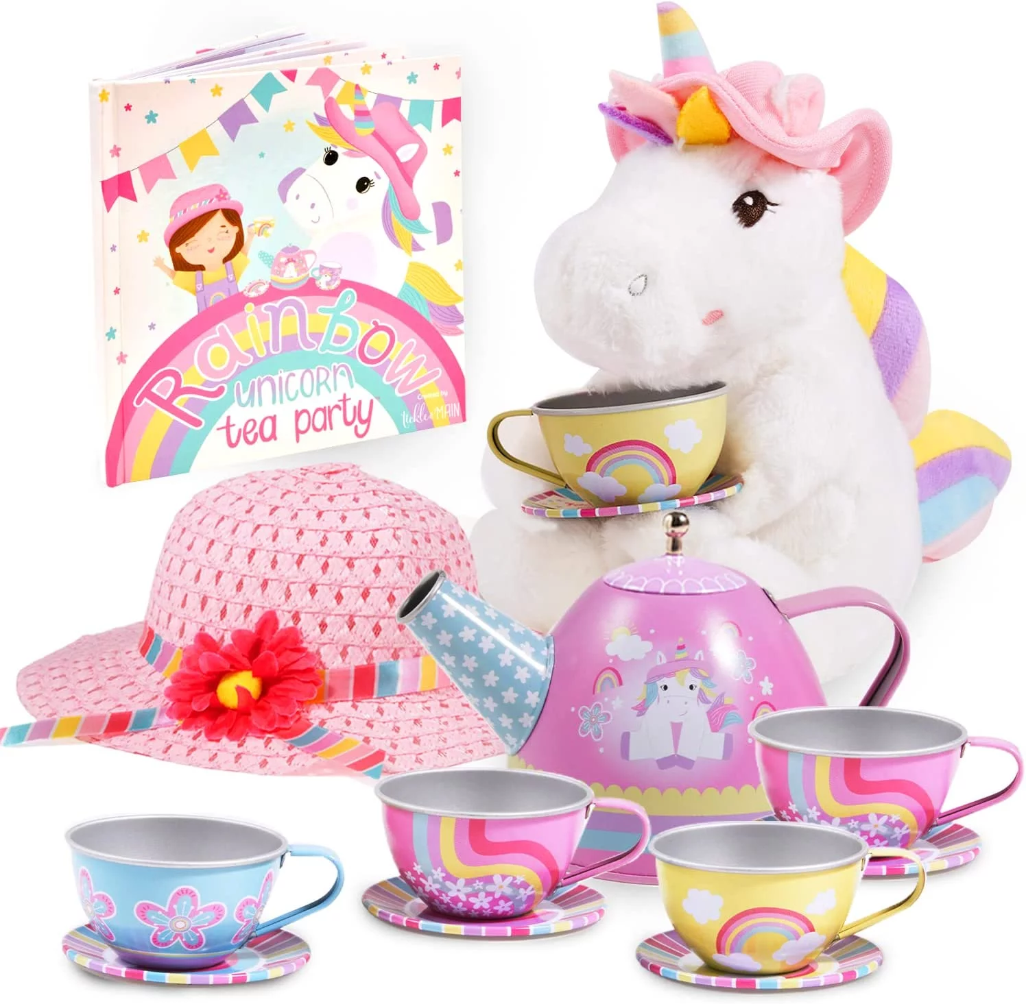 Tickle & Main Rainbow Unicorn Tea Party Gift Set: Includes Storybook, Child’s Hat, Plush Unicorn, Tin Tea Set - Pretend Play for Toddlers and Little Girls