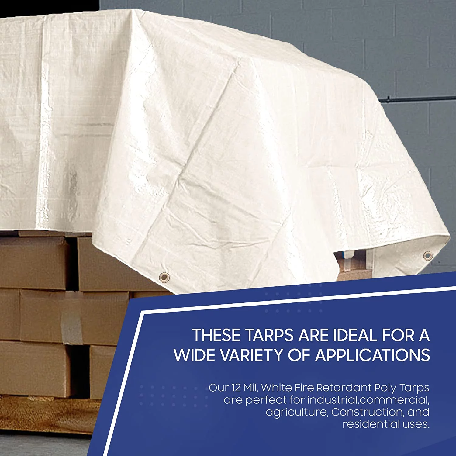 Tarps Now Waterproof Fire Retardant Poly Tarp with Grommet- White (06'x10')