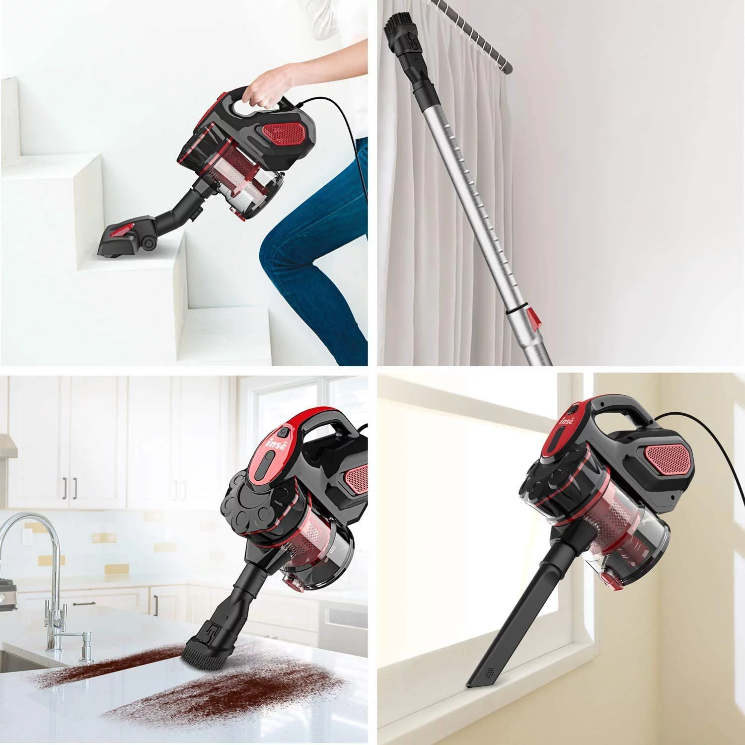 Corded Vacuum Cleaner, INSE Stick Vacuum Cleaner 18KPA Powerful Suction with 600W Motor, 3 in 1 Handheld Vacuum for Pet Hair Hard Floor Home - Red