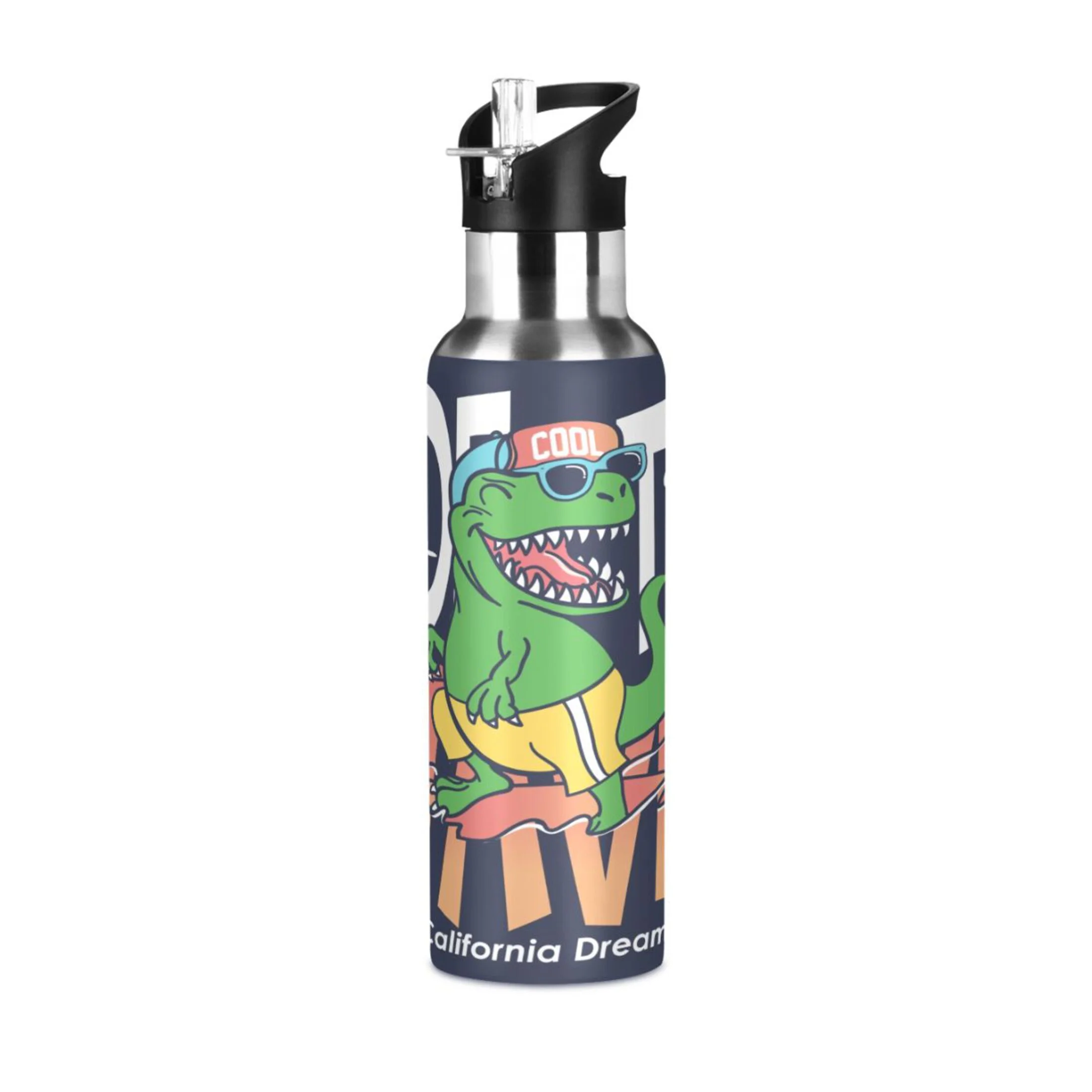 Stainless Steel Water Bottle Cool Dinosaur Surfing with Straw Lid Vacuum Insulated Keeps Hot and Cold Leak Proof Flask Jug for Gym Travel Sports Cycling Outdoor 20 OZ