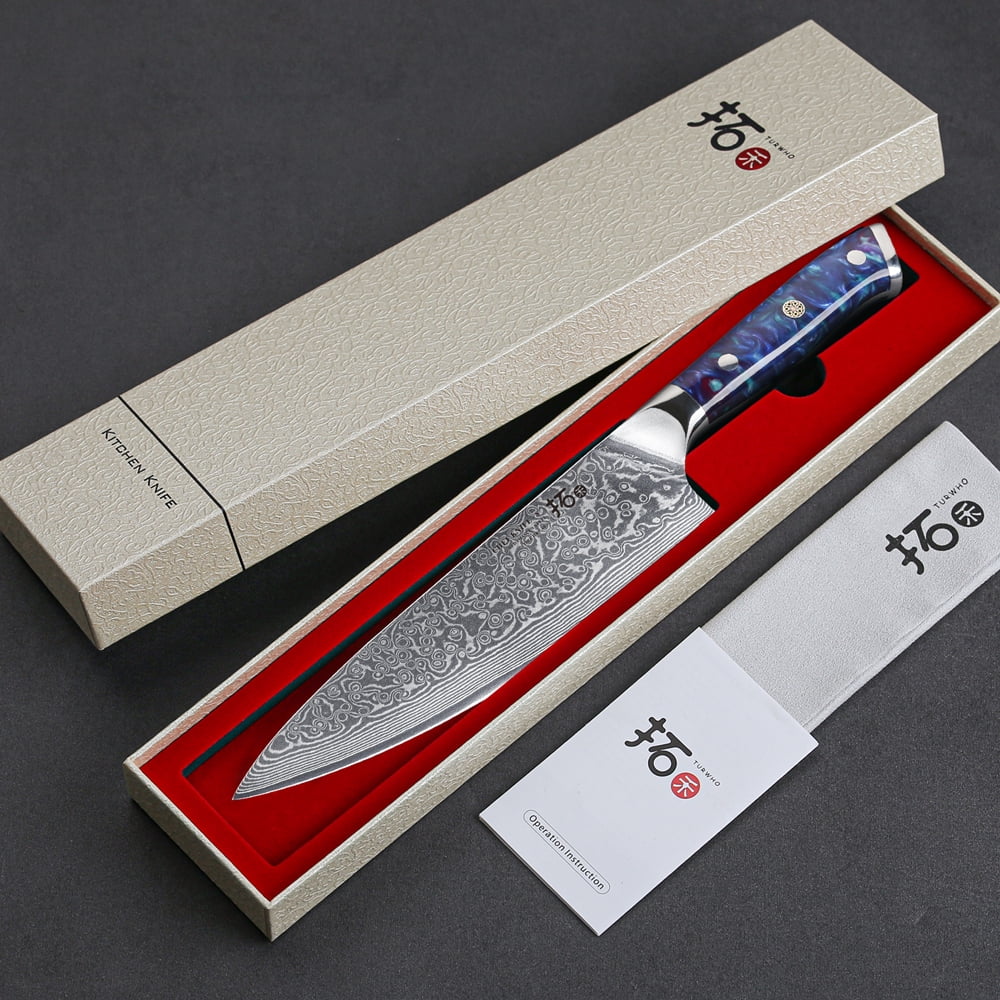TURWHO 8inch Chef Knife Japanese VG10 Damascus Steel Kitchen Knife, Cook Knife, with Blue Resin Handle
