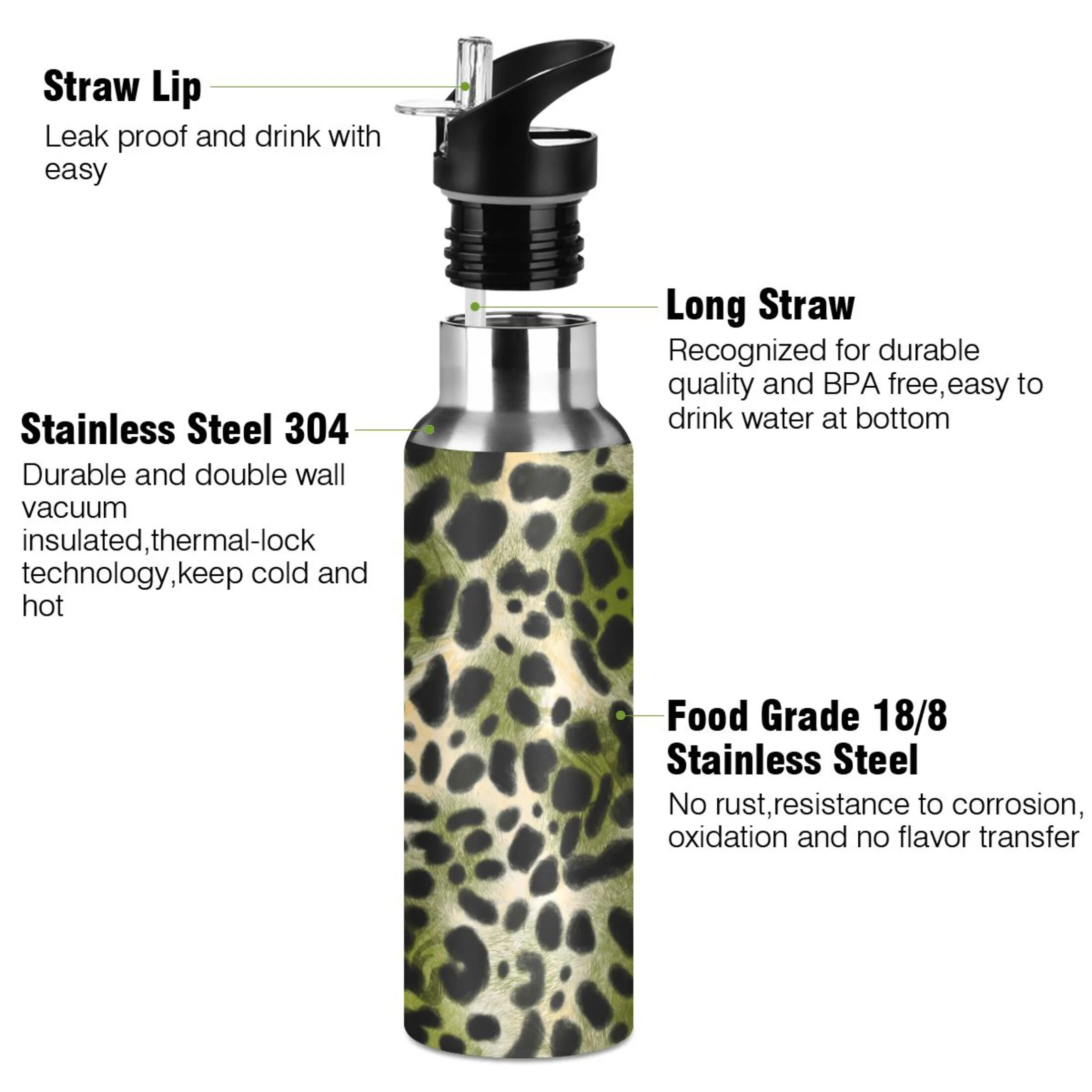 Stainless Steel Water Bottle Green-black Leopard Print with Straw Lid Vacuum Insulated Leak Proof Flask Jug for Gym Travel Sports Cycling Outdoor 20 OZ