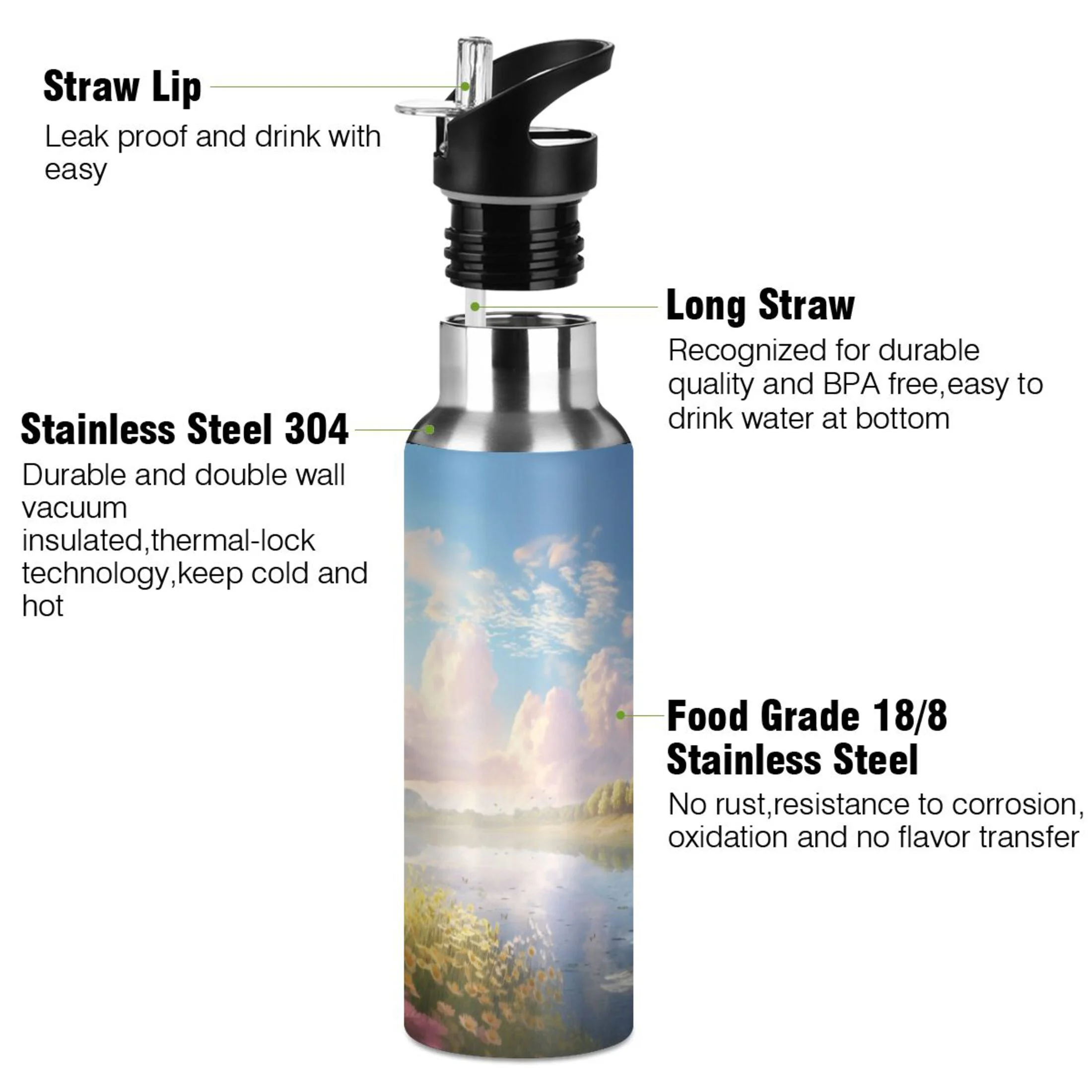 Water Bottle with Straw Lid Leak Flowers Daisy Landscape Stainless Steel Insulated Thermos Vacuum Flask for Cold Hot Drinking for Sports Camping Gym Yoga