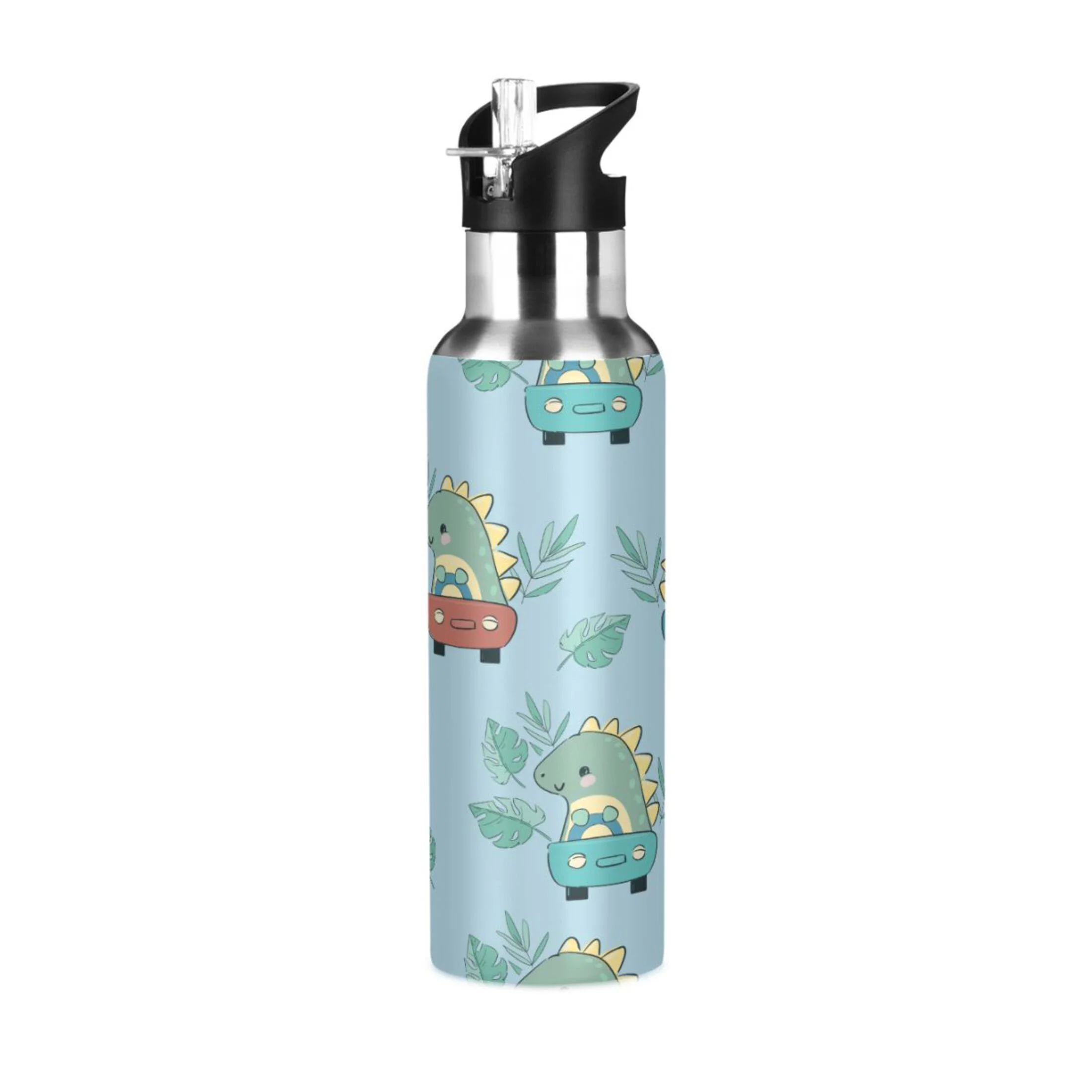 Water Bottle with Straw Lid Leak Dinosaur Cute Rides Car Stainless Steel Insulated Thermos Vacuum Flask for Cold Hot Drinking for Sports Camping Gym Yoga
