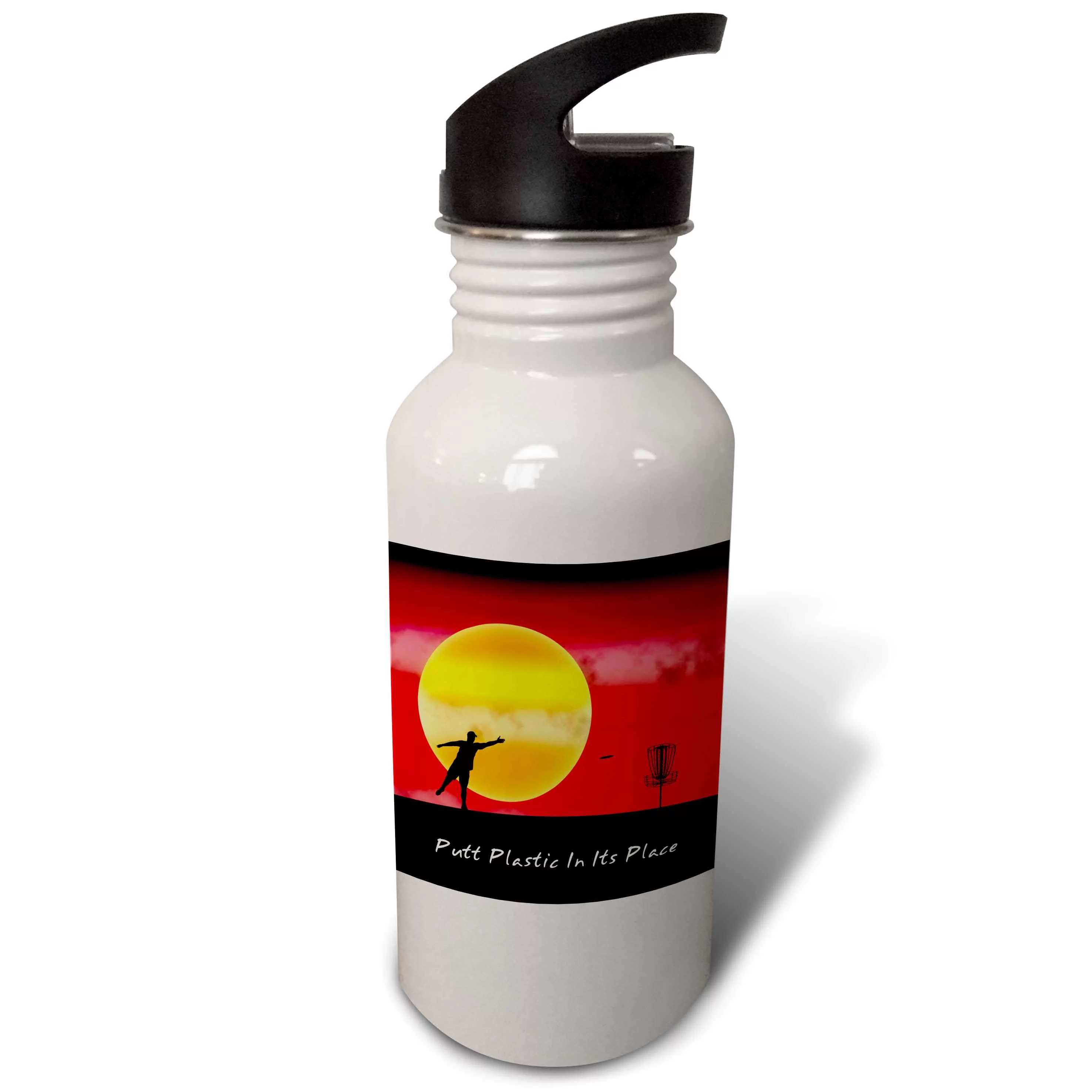 Putt Plastic In Its Place 1 silhouette of frisbee disc golfer putting near large sun 21 oz Sports Water Bottle wb-18423-1
