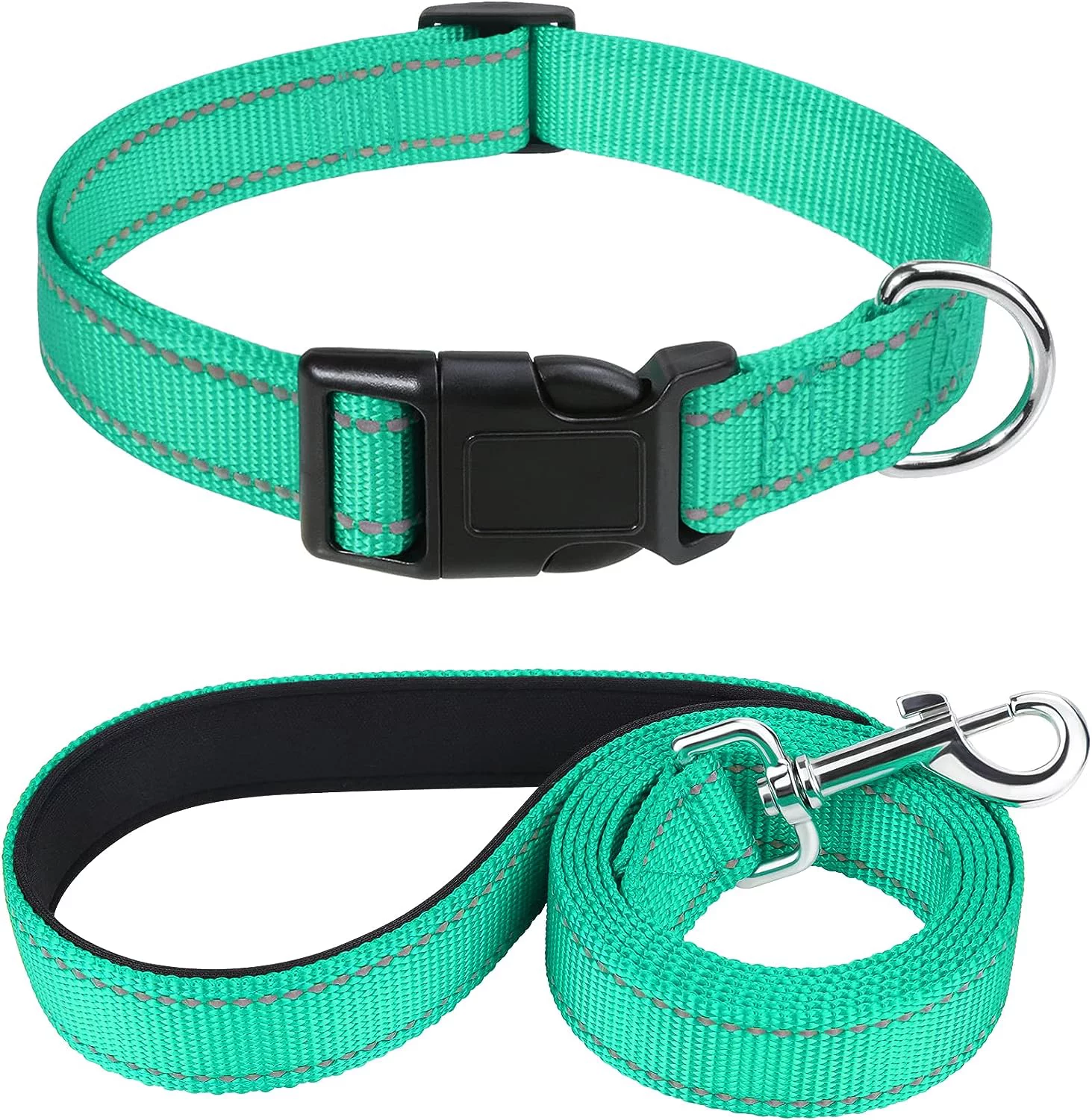 Dog Collars and 5FT Double-Sided Reflective Dogs Leash Set, Nylon Material for Walking and Traning Suit for Medium & Large Dogs, Teal
