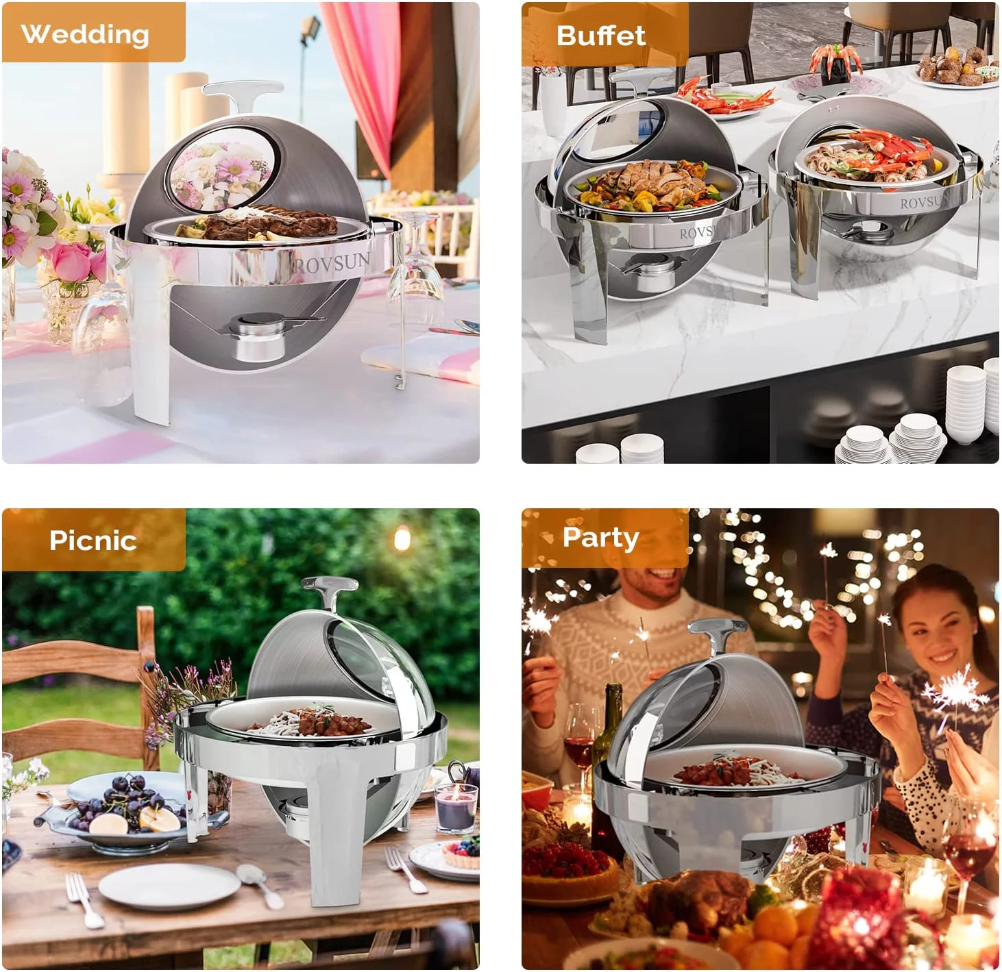 ROVSUN 2 Packs Roll Top Chafing Dish Buffet Set,6 Quart Round Stainless Steel Chafer for Catering,Buffet Servers and Warmers Set with Glass Window for Wedding, Parties