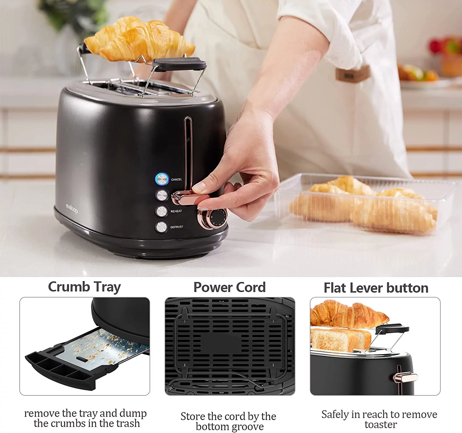 Evoloop Toaster 4 Slice, Stainless Steel Bread Toasters, 6 Bread Shade Settings, Black